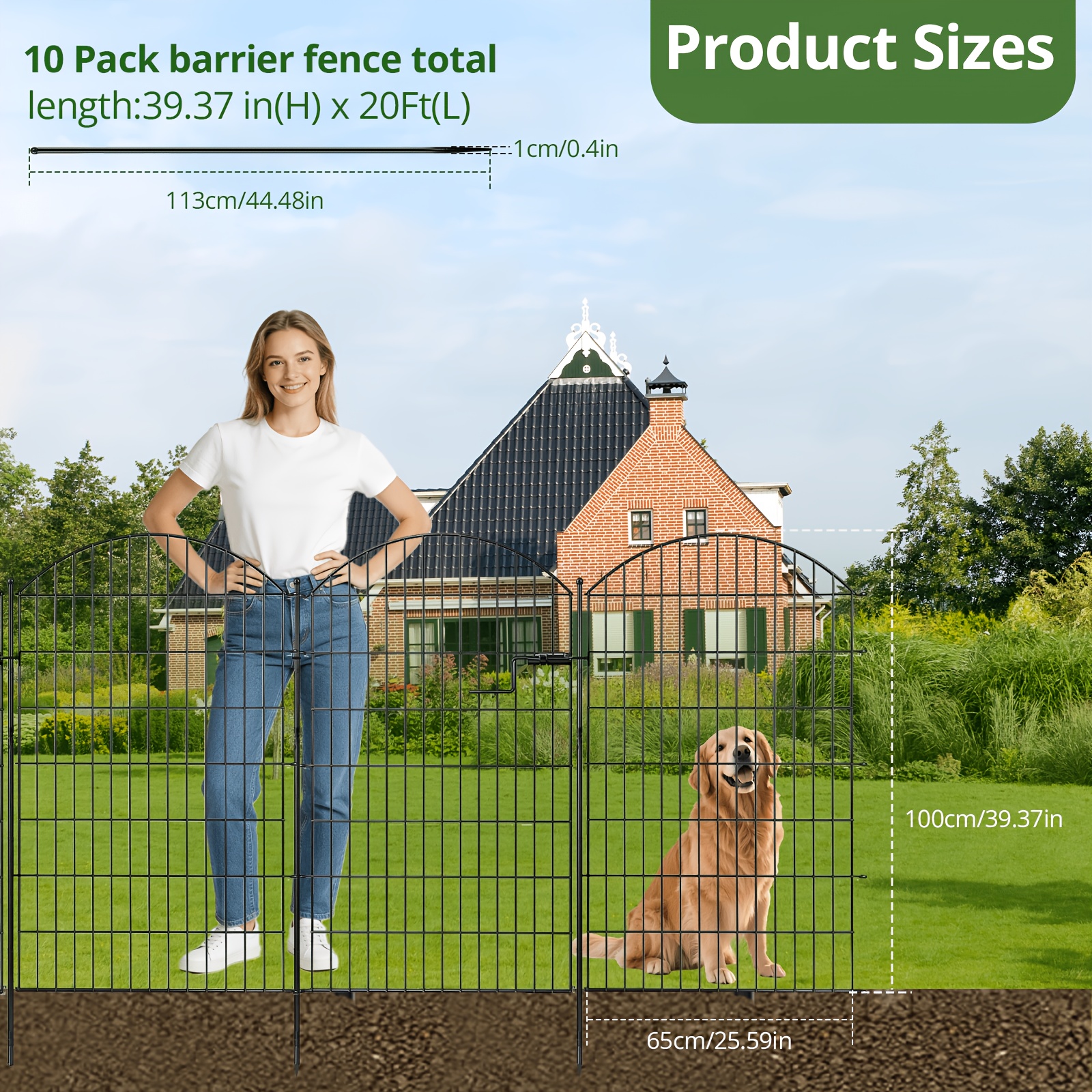 TEMU 40 Inch Garden Fence With Low Threshold Gate, Heavy Duty Rust-proof Iron Metal Border, For Large/medium Dogs, Easy Installation, Decorative For