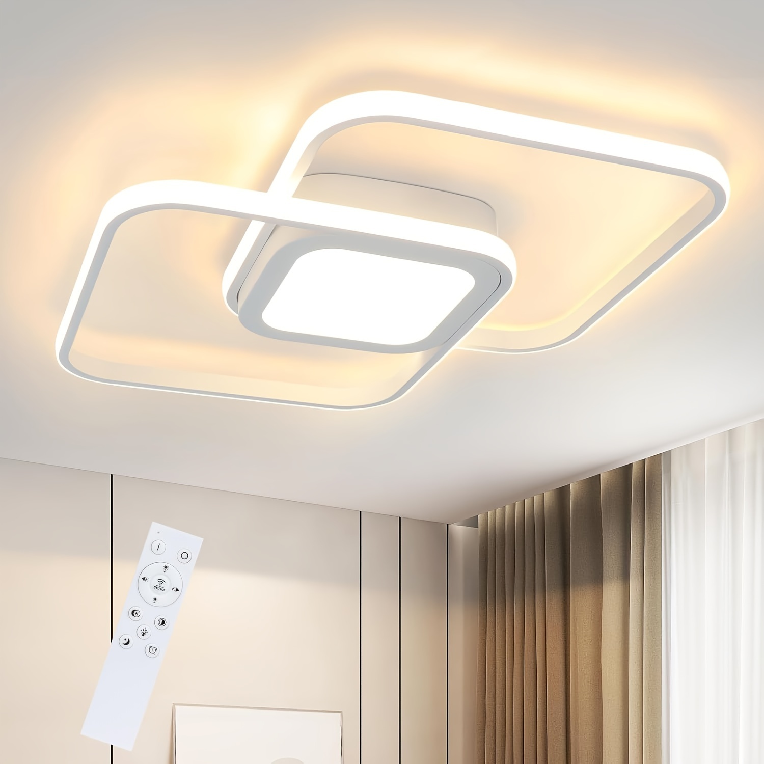 

Plafonnier Carré Moderne 48W Dimmable avec Télécommande - Design Métallique, Blanc/Noir, Idéal pour Chambre, Salon, Cuisine, Salle à Manger