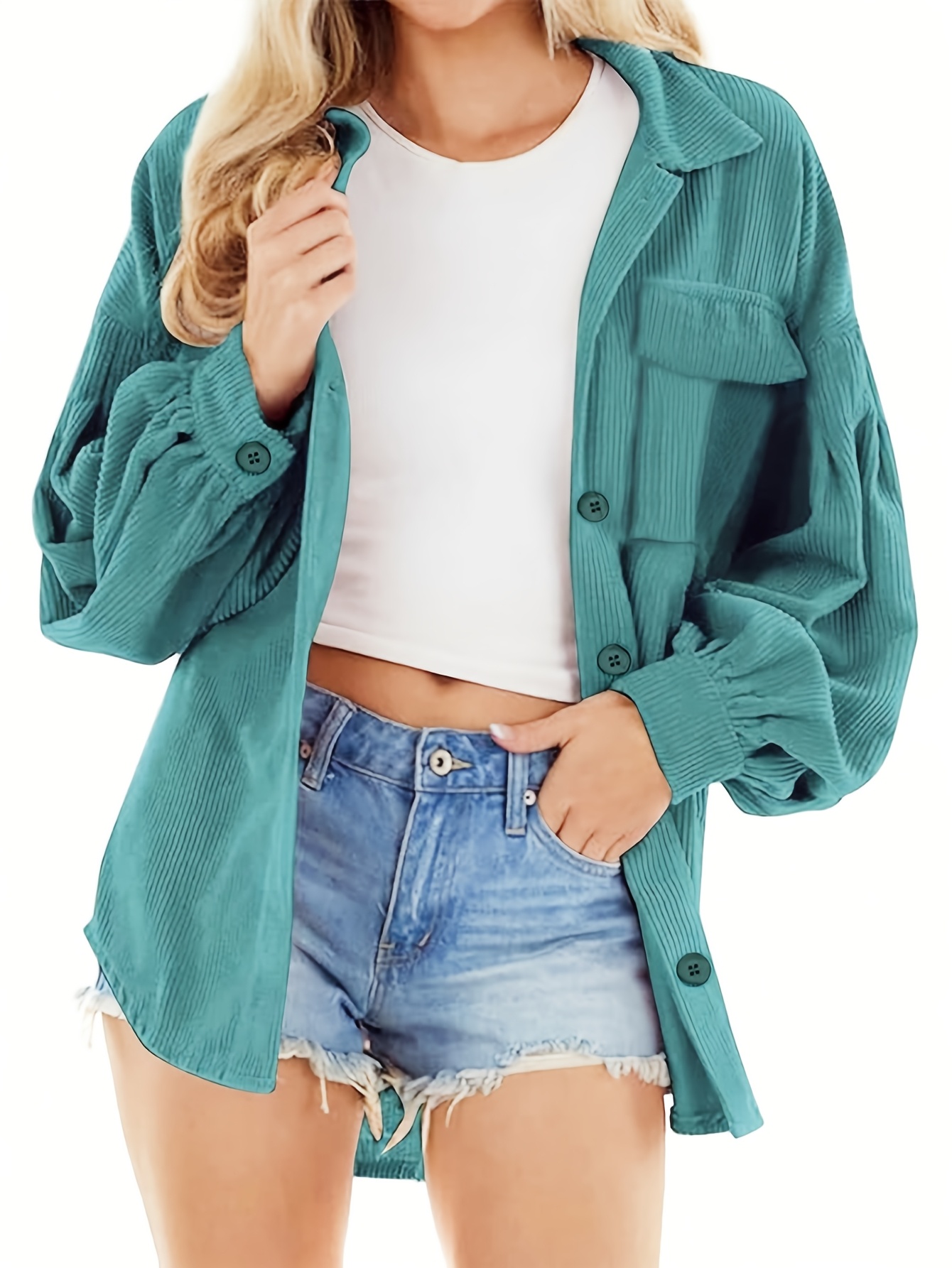 damen cordjacke – türkisgrüner oversized kragen shirt mantel