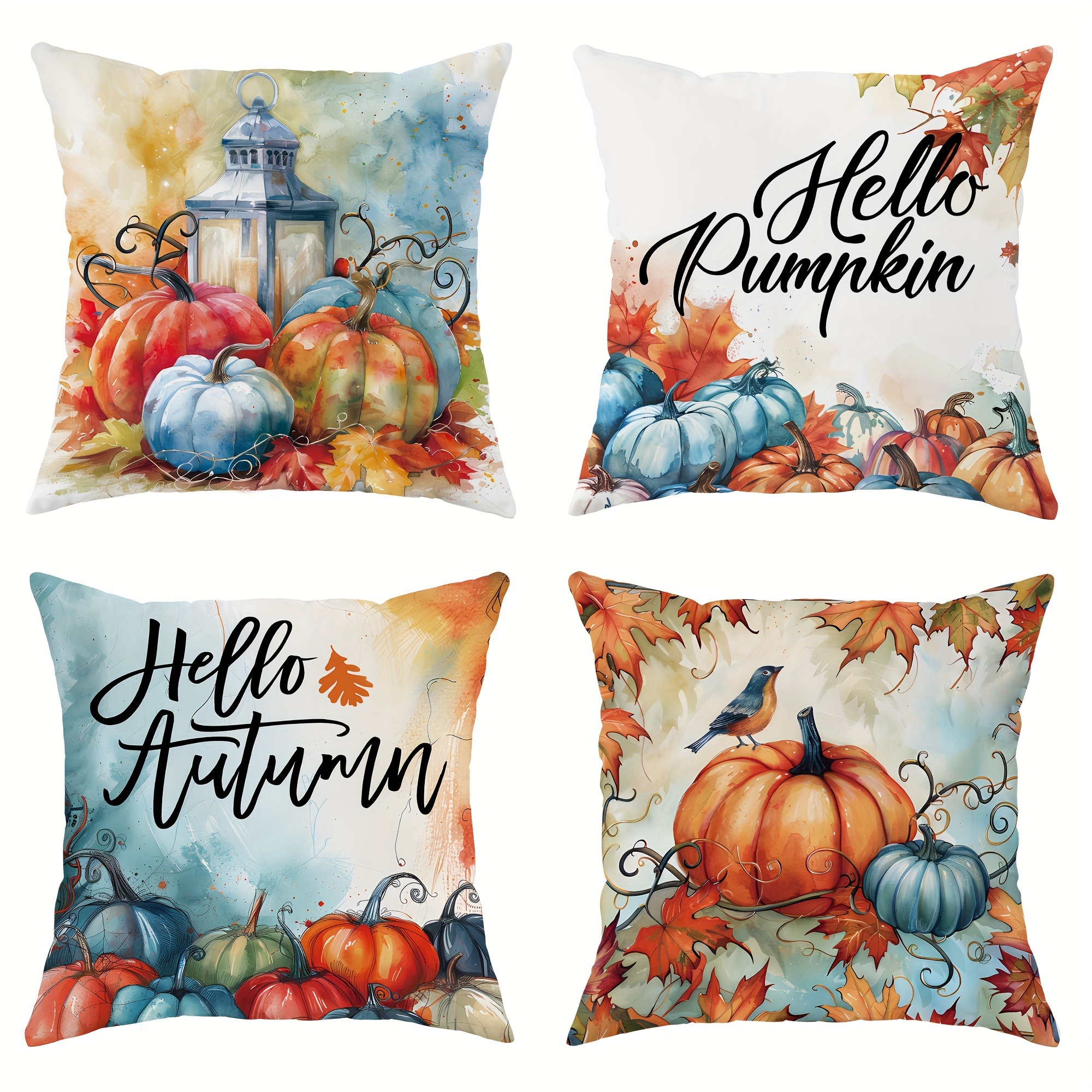 

4-pack Country-rustic Fall Throw Pillow Covers, 18x18 Inch, Polyester, Machine Washable, Zipper Closure, Autumn Pumpkin Maple Leaf Bird Design For Living Room Sofa Bed Decoration