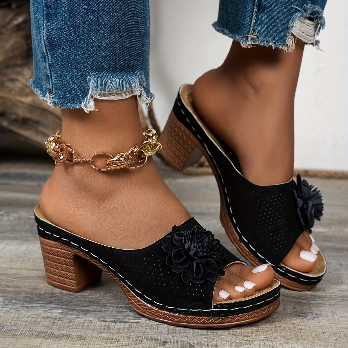 Women's Retro Floral Embellished Mid-Heel Slide Sandals - Slip-On Open-Toe Synthetic Cover Weddings, Parties & Daily Beige Footwear, Dressy Shoes, Wedding Party Footwear, Decorative Flower Design, Durable Rubber Sole, Allseason Wear