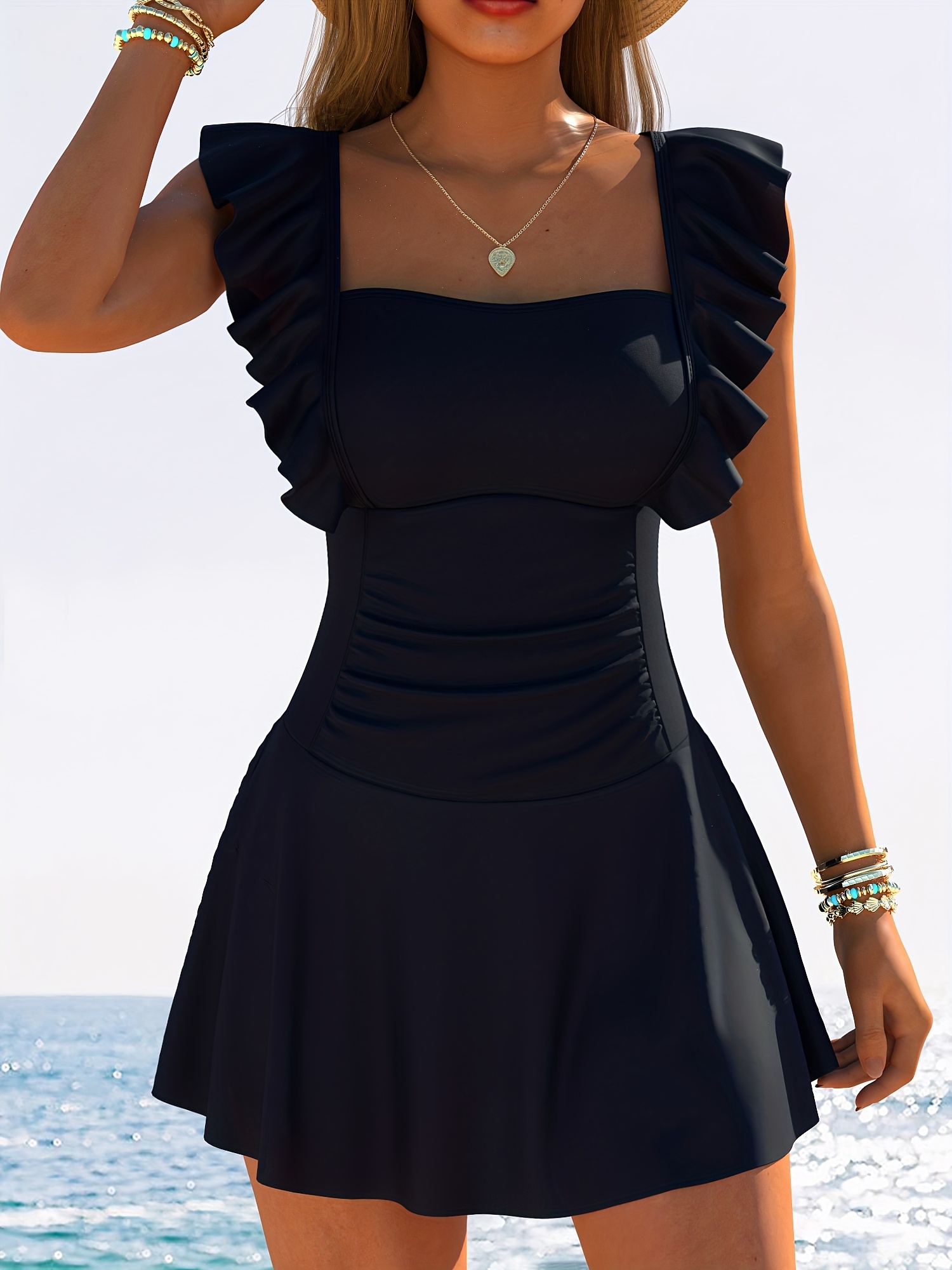 womens tankini solid color skirted elegant style swimsuit set for pool parties beach vacations comfortable and conservative