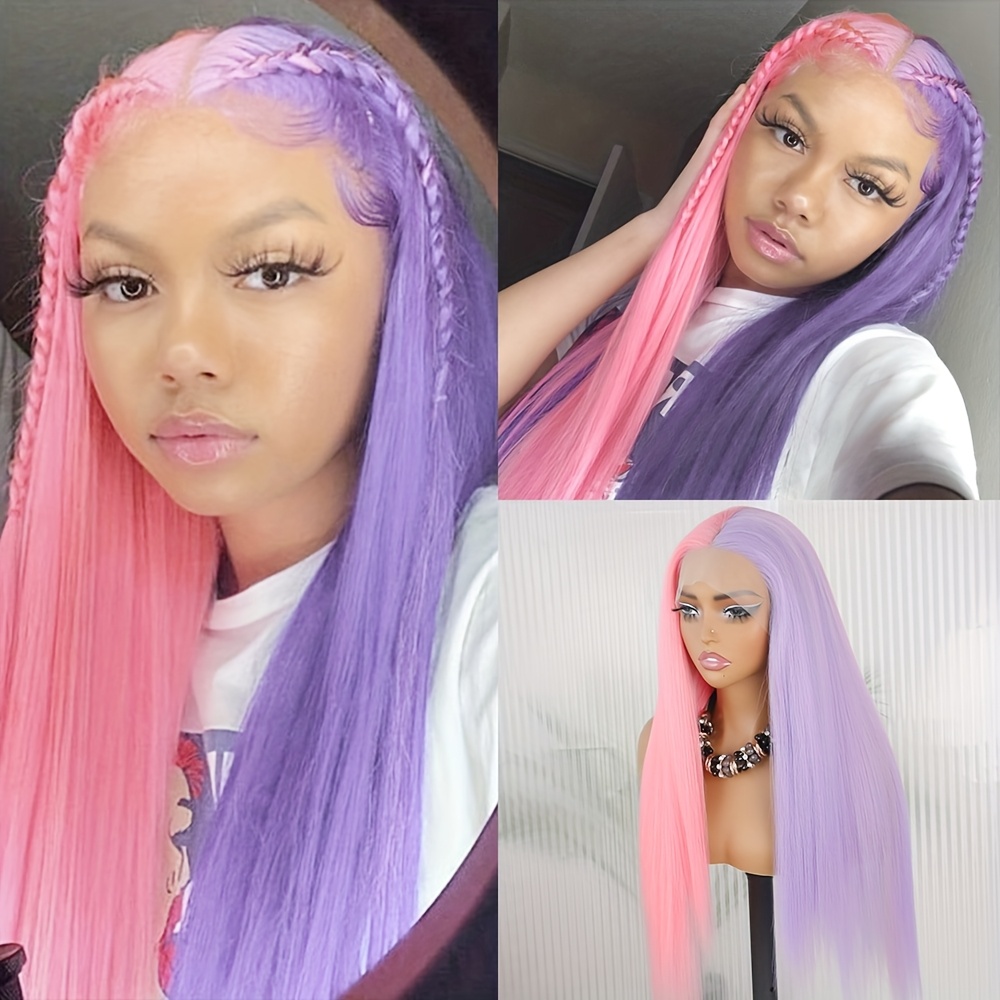 pink purple hair lace front wig synthetic glueless ombre hot  display picture 3