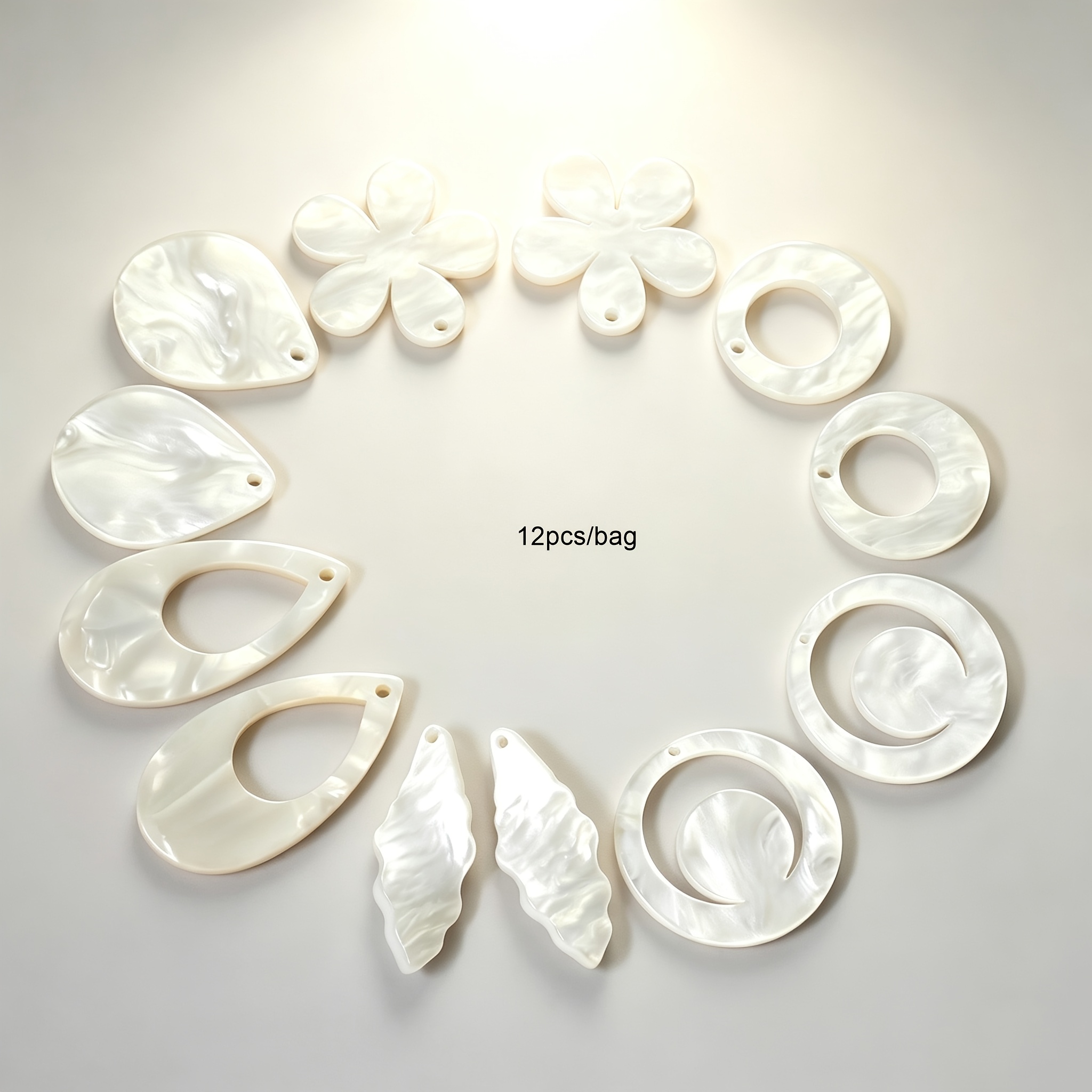 TEMU 12pcs/bag Mixed Beach Style Cream Color Vortex Acetate Pendant Multiple Styles 6 Pairs Hollow Ring Flower Irregular Leaf Drop-shaped Acetate