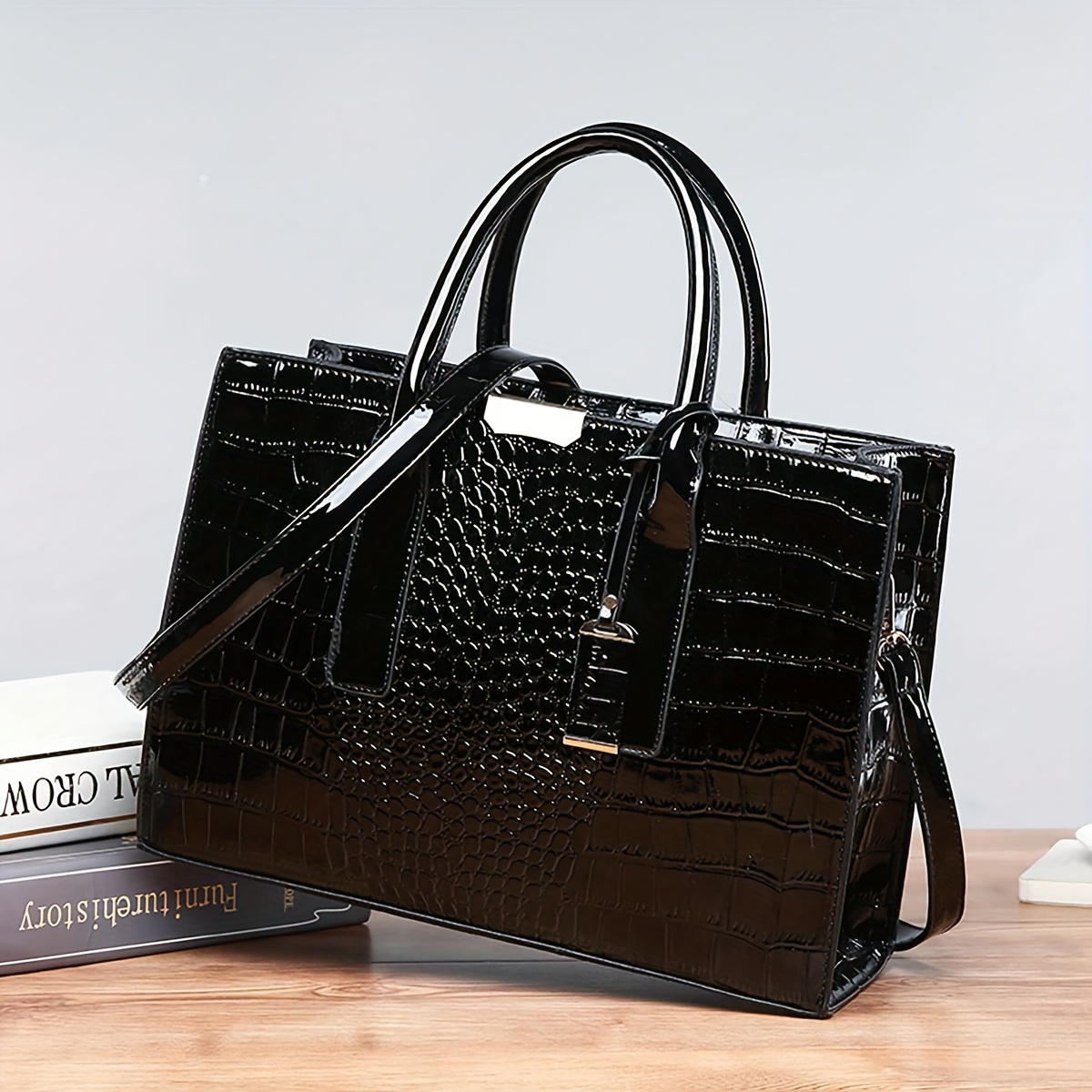 TEMU Classic Elegant Square Handbag, With Crocodile Pattern, Solid Color All-match Shoulder Bag For Women