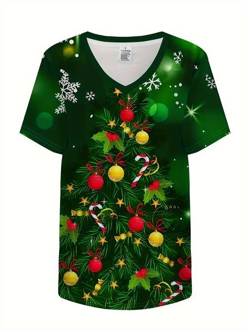 christmas print v neck scrub top comfortable care uniform for working in dental office womens work clothing