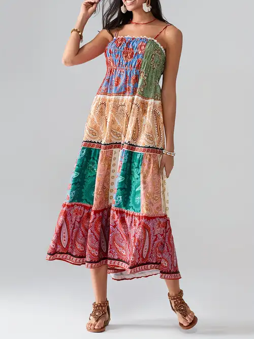 women's boho beach long dress - bohemian print sleeveless spaghetti strap shirred one-shoulder dress with golden patterns, lightweight dress for beach vacations, casual & music festivals, beach dresses, festival attire, rustic chic women's boho beach long dress - bohemian print sleeveless spaghetti strap shirred one-shoulder dress with golden patterns, lightweight dress for beach vacations, casual & music festivals, beach dresses, festival attire, rustic chic