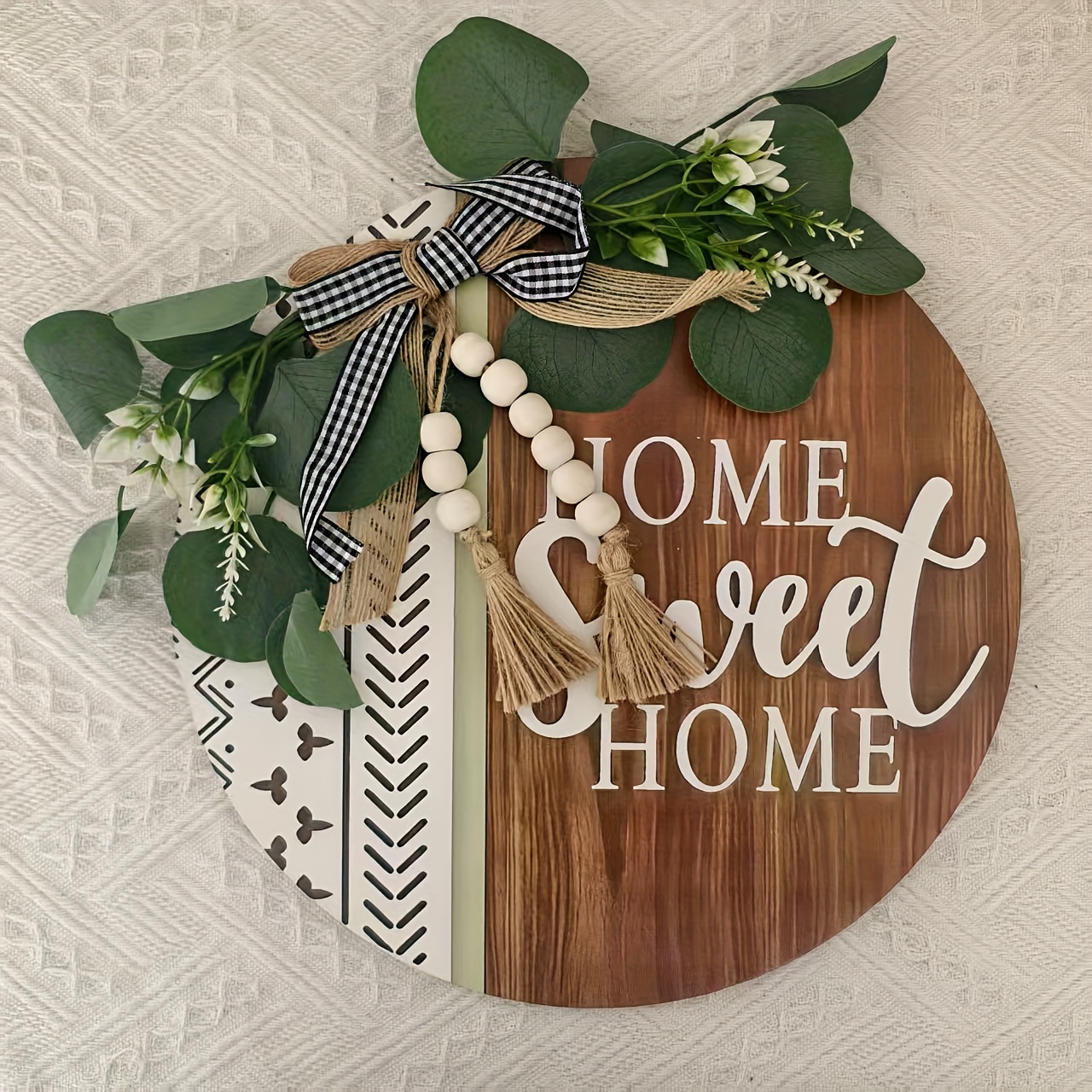 Image of 1pc And Summer All-year Welcome Front Door Wreath Porch Decoration, Wooden Home Sweet Bohemian Outdoor Sign Wreath With Artificial Leaves And Beads, 11.8*11.8 Inches (30*30cm)