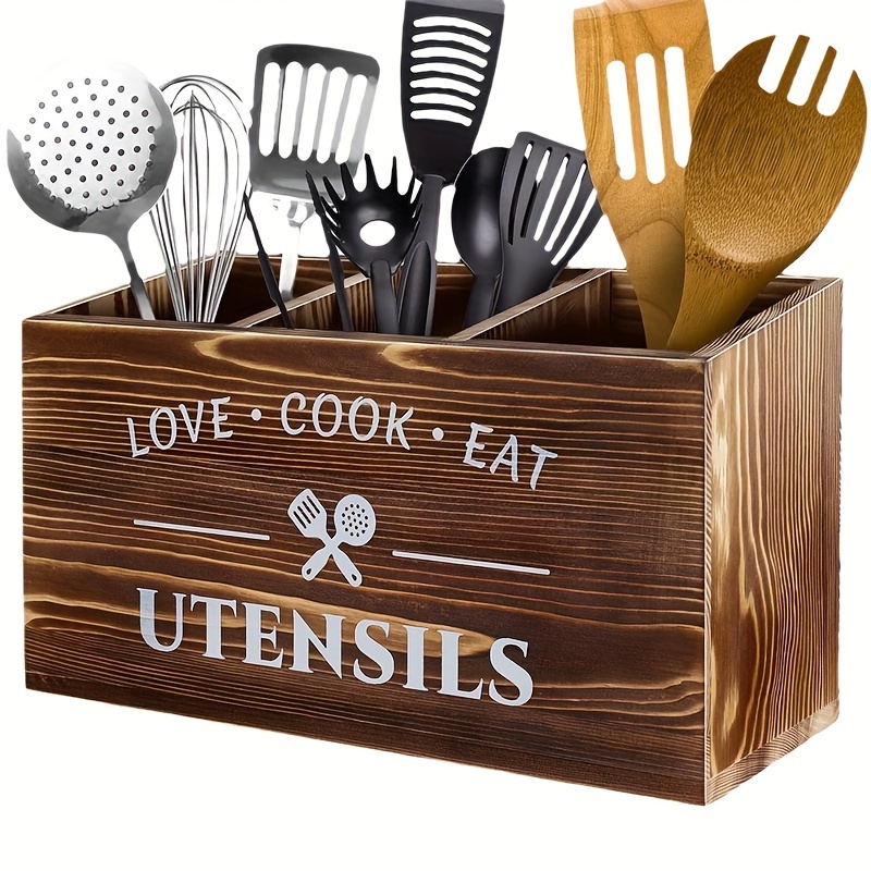 TEMU Brown Utensil Holder, Rustic Utensil Holder With 3 Compartments For Kitchen Counter