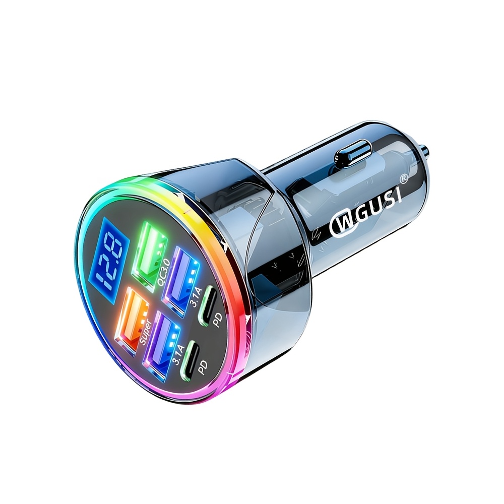 TEMU Latest 2024 Model 6-in-1 Usb-c Car Charger, 2pd 4usb-a Ports, Voltage Display, Super Fast Charging Compatible With Iphone Phones