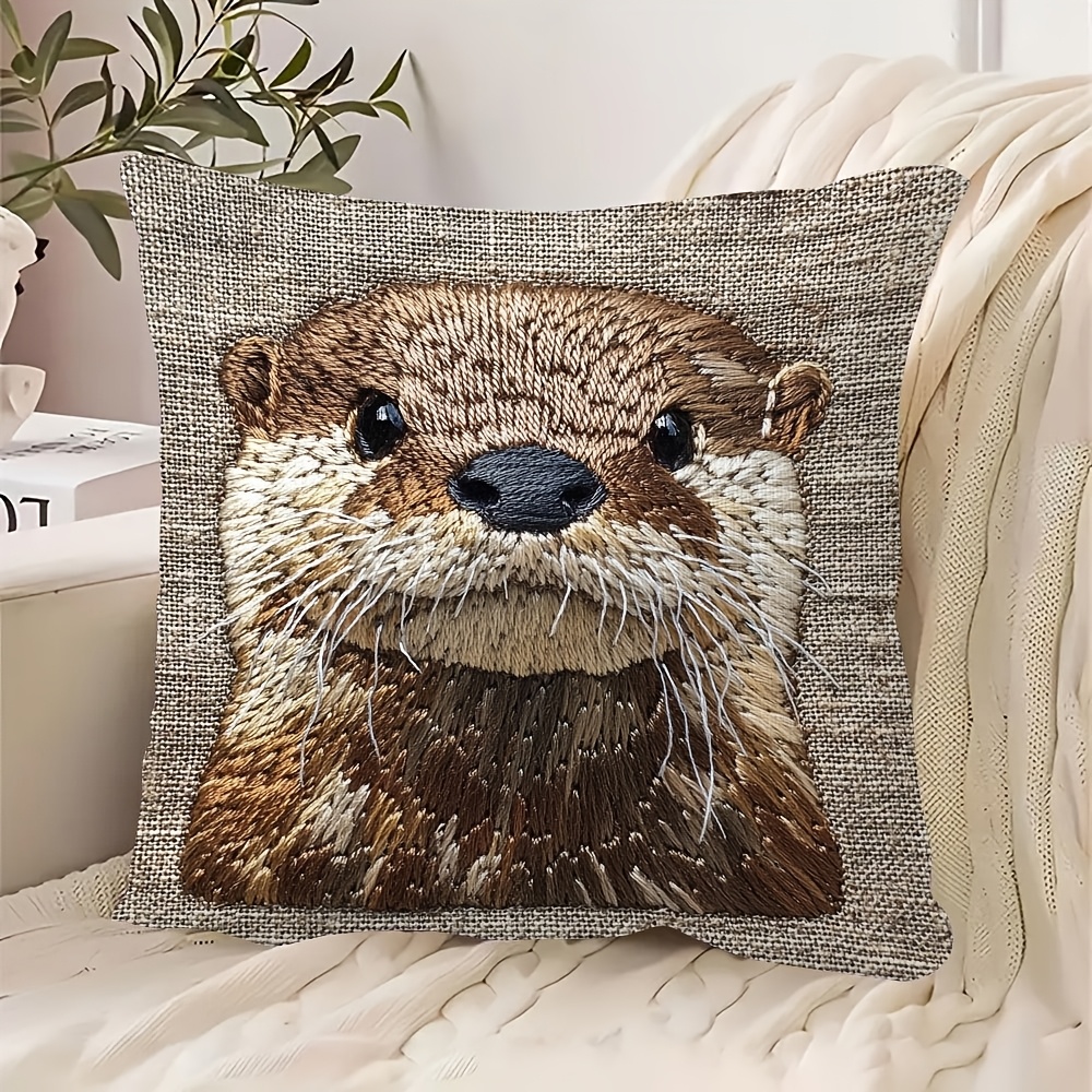 

1pc Cute Otter Double-sided Embroidery-like Throw Pillow Cover, 18x18 Inch, Soft Short Plush, Contemporary Style, Zipper Closure, Hand Wash, Polyester, For Room Decor - Qwch7051