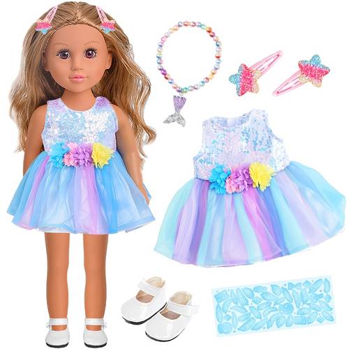 the 18 inch american doll and dress as well as doll accessories like hairpins and bracelets are perfect gifts for girls
