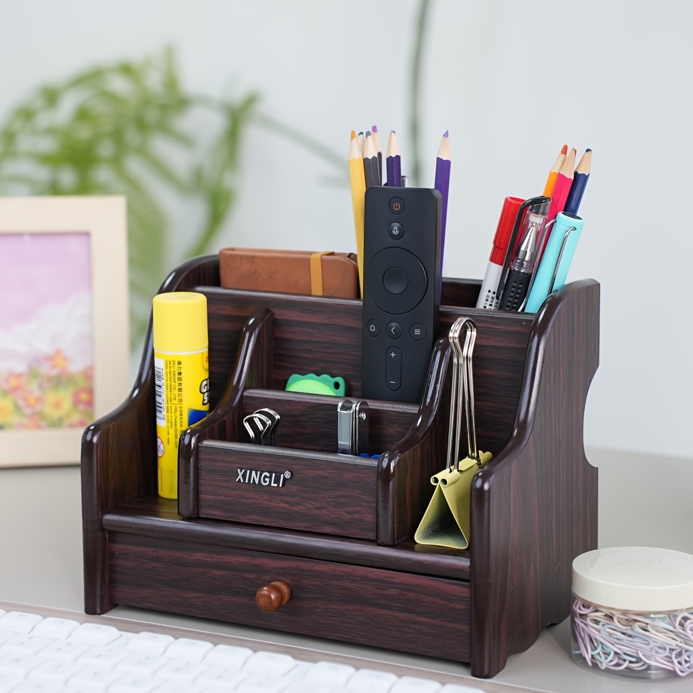 Image of Vintage Creative Wooden Desk Storage Rack With Drawers - Multi-functional Pencil Holder Remote Control Memory, Used For Home Bedroom Makeup For Relatives