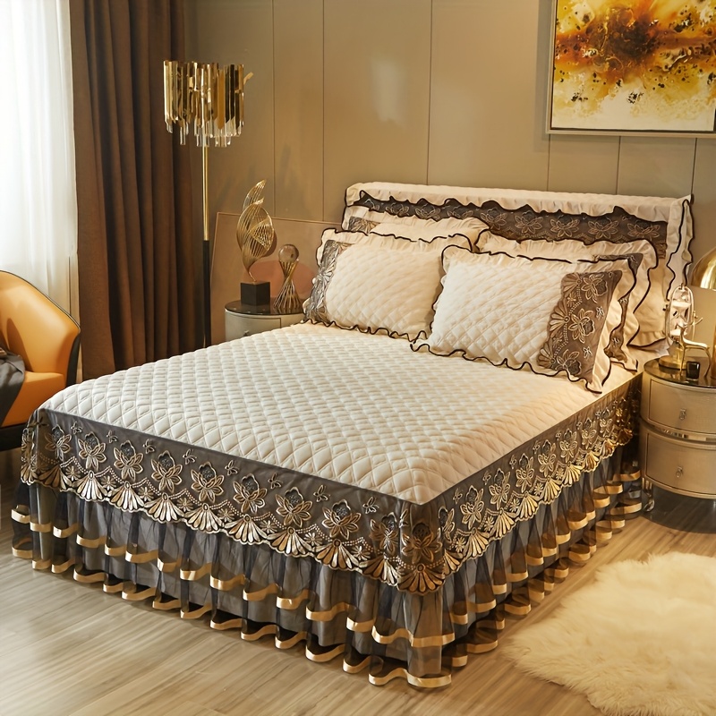 TEMU 3pcss High-end Sandwich Bed Skirt 3pcs Set Thickened Warm Short Plush Milk Velvet Bed Cover Non-slip Mattress Protector Bedding
