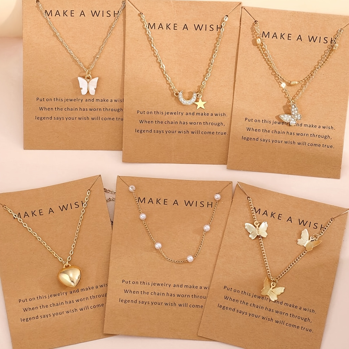 

6pcs Elegant Zinc Alloy Necklace Set With Heart, Butterfly, Tassel, Moon, Star, And Pearl Charms - For , Christmas, And Gifting With Card