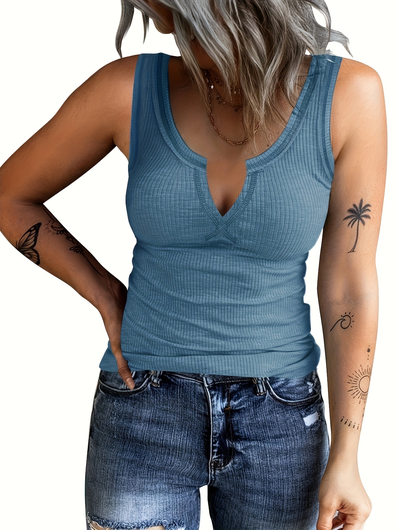 Solid Color Notched Neck Tank Top, Casual Sleeveless Tank Top For Summer, Women's Clothing