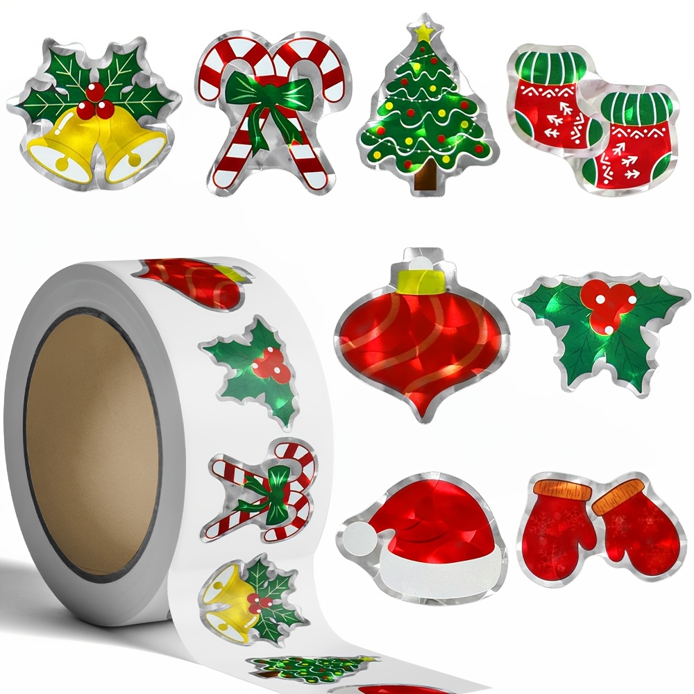 TEMU 300pcs 1 Roll Pet Holographic Laser Christmas Theme Stickers, Suitable For Christmas Gift Boxes, Gift Bags, Greeting Cards, Envelope Seals,