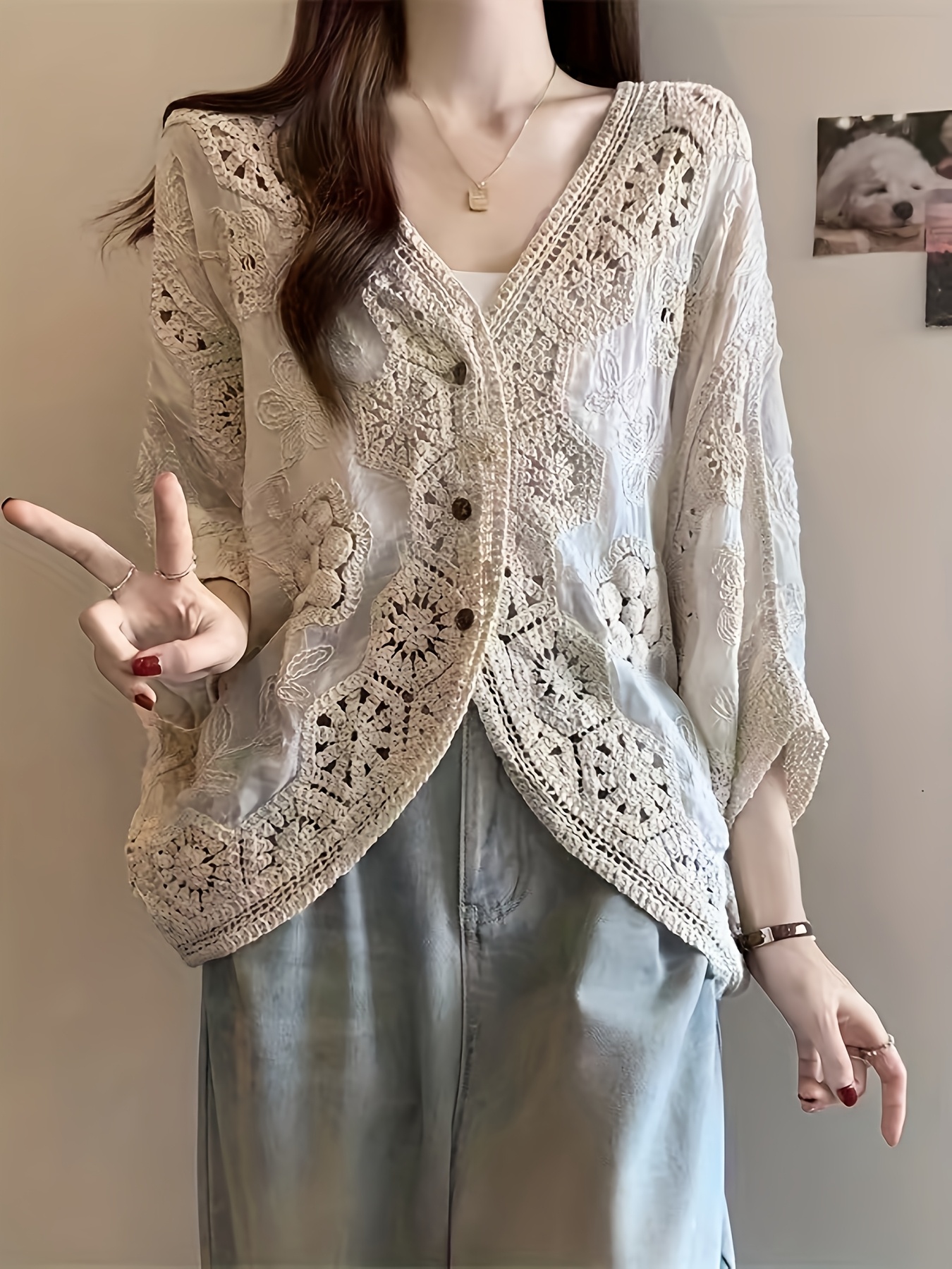 damen casual lace crochet cardigan v ausschnitt hohl Temu Germany