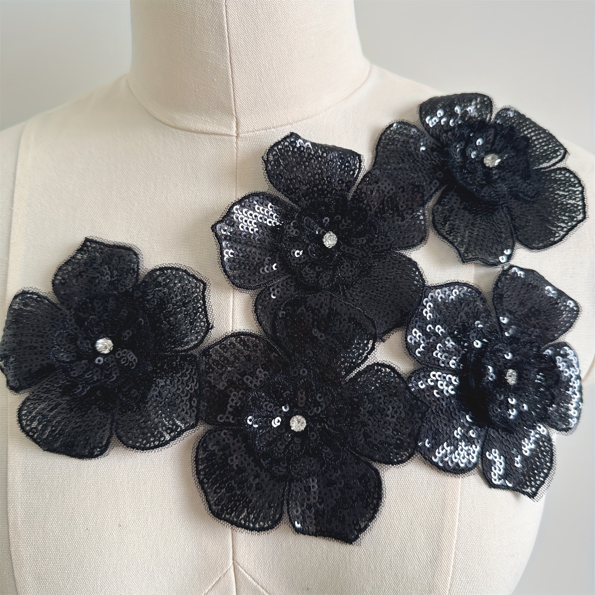 

5pcs Black Lace Beaded 3d Flower Applications, Embellished Sew-on Floral Patches For , Shoes, And Hats Decoration