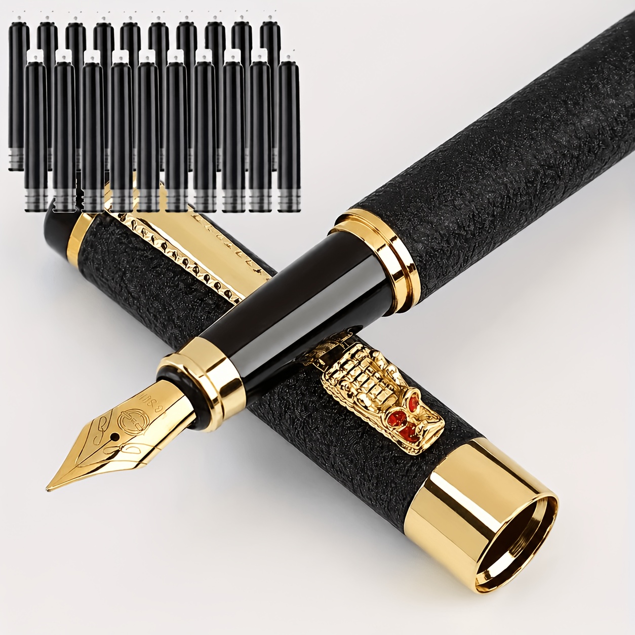 Image of 1 Metal And Plastic Pen With 20 Black Ink Cartridges, 0.5mm Medium Tip, 2.6mm Compatible, Suitable For Daily Writing, Office, School, And Student Use. Fashionable Design, Durable And Stylish