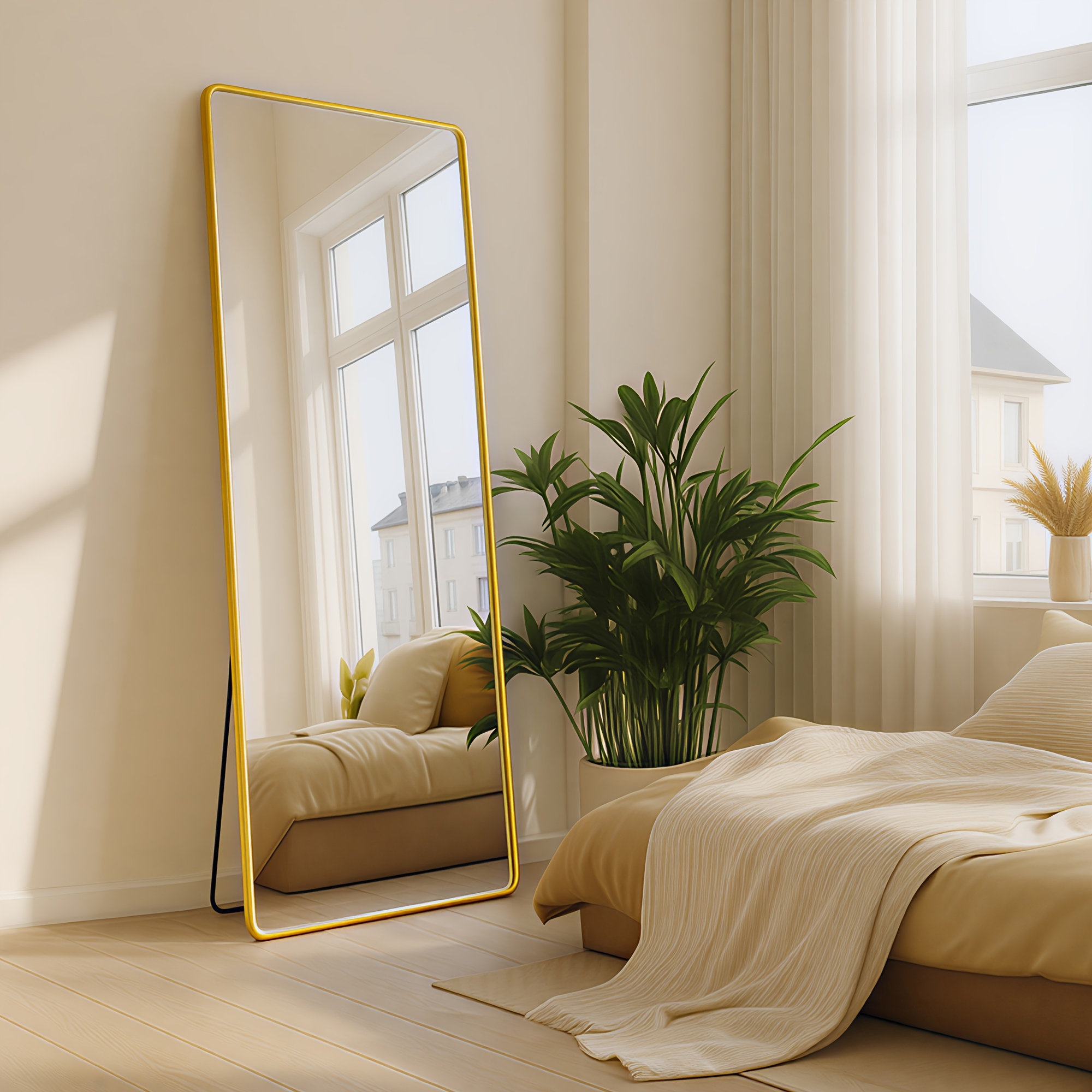 Image of Mirror 160 X 50cm, Aluminum Frame, Rectangular Mirror, Tempered Glass, For Wardrobe, Bedroom, Pale Golden