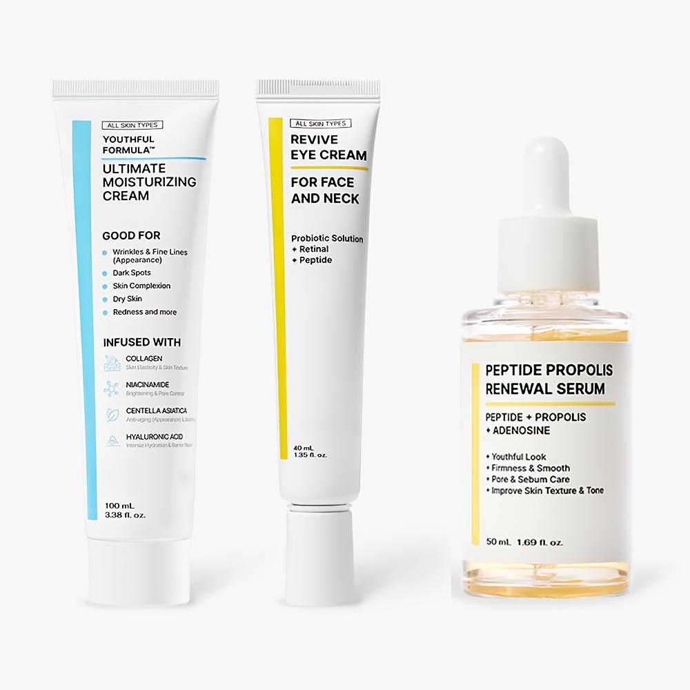 TEMU 3pcs Bundle Suitable For Wrinkles & Dry Skin Care - Collagen, Niacinamide, , Hyaluronic Acid & Centella Asiatica Serum & Cream For Hydration, Moisturizing, Softening For Types, Skin Care