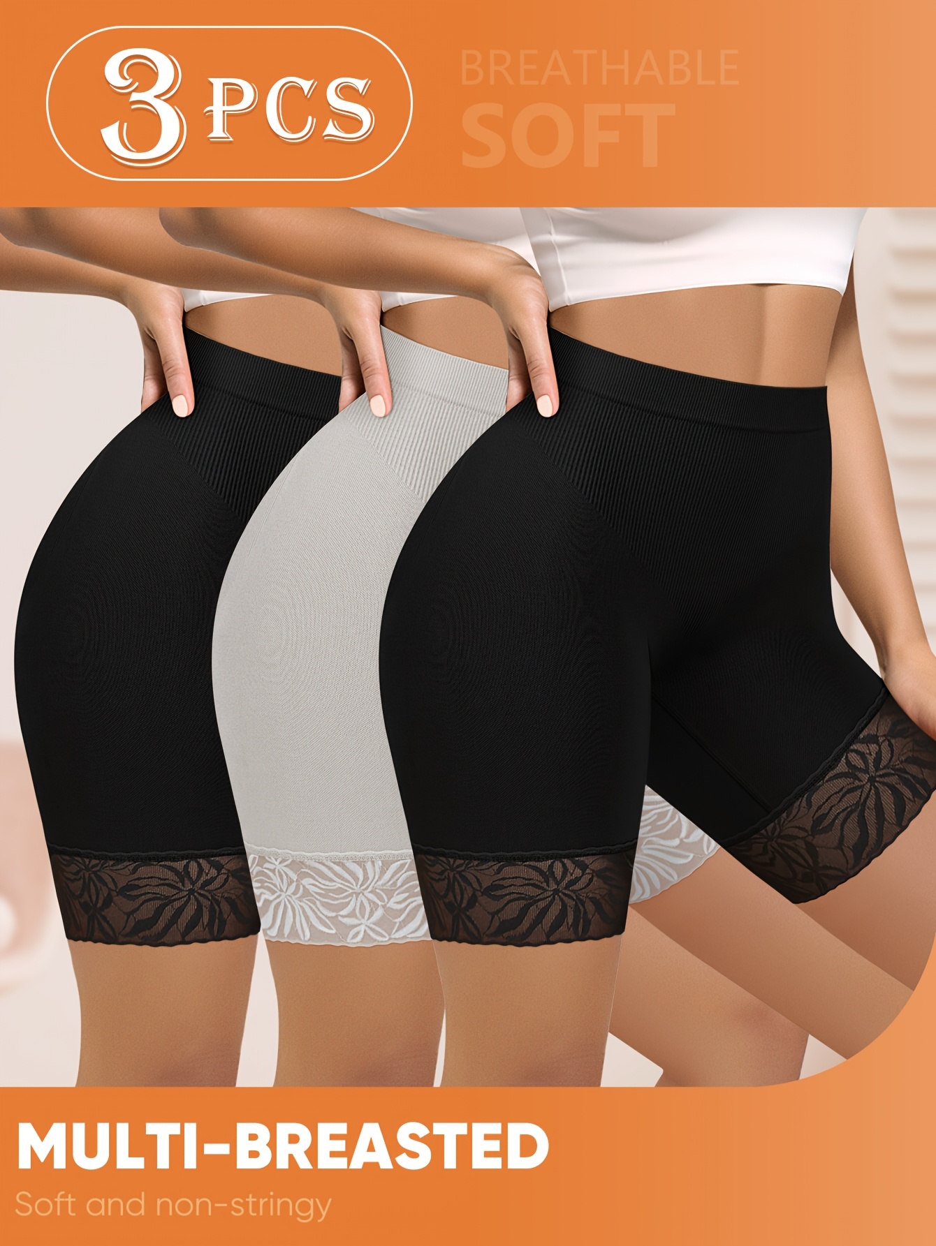 3-pack högmidjade trosor med magkontroll, formande och höftlyftande, fyrvägsstretch, säkerhetstrosor, sömlösa trosor som inte ger genomskinlighet, damtrosor, triangel-trosor med spetsmönster