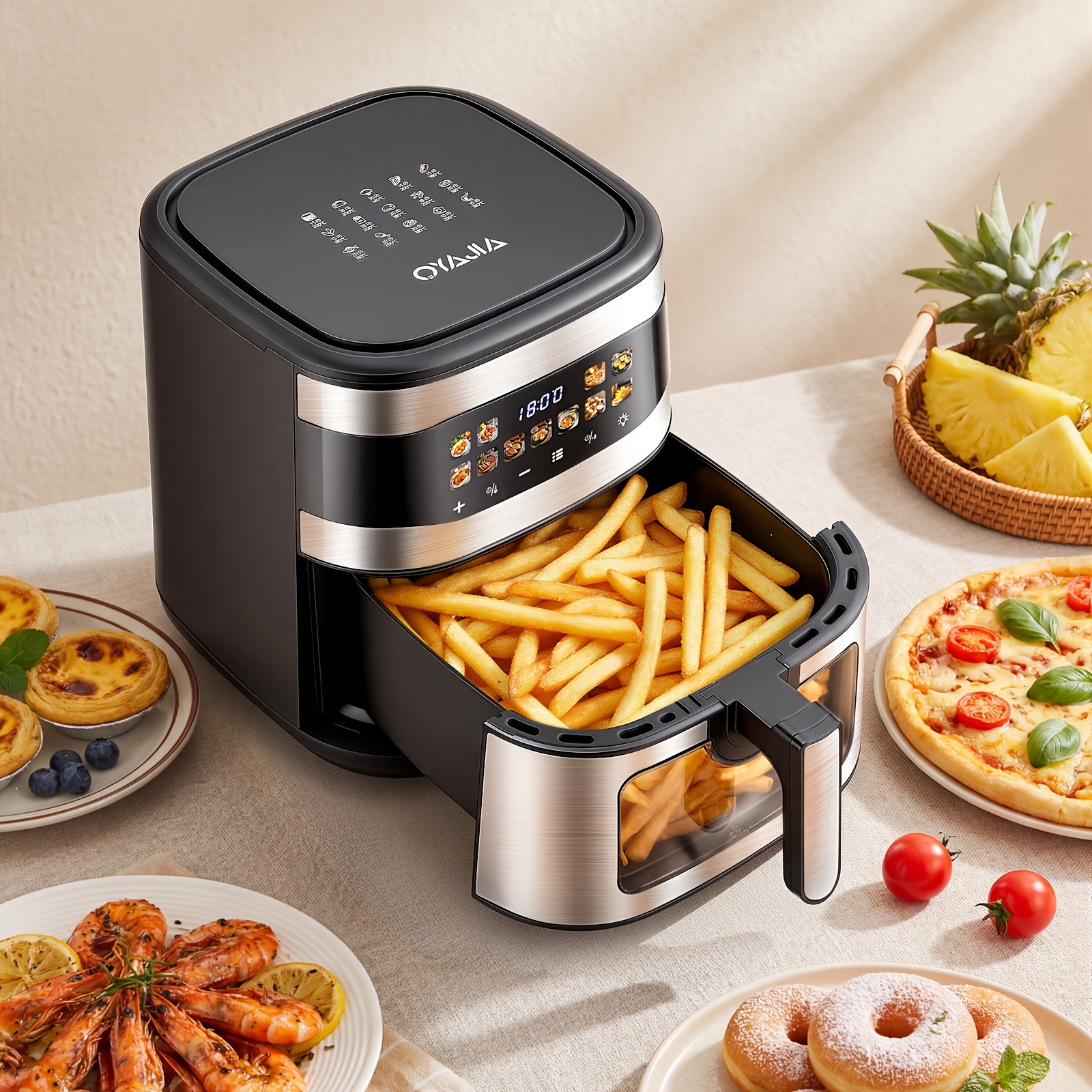11L XXL Airfryer, 11-in-1 Heteluchtfriteuse Oven met Kleuren LCD Touchscreen, Airfryer Toaster Oven Combo met Helder Kookvenster, Vaatwasserbestendig, -aanbaklaag, Geschikt voor Gezin, Grillen, Braden, Drogen, Bakken, Zilverkleurig