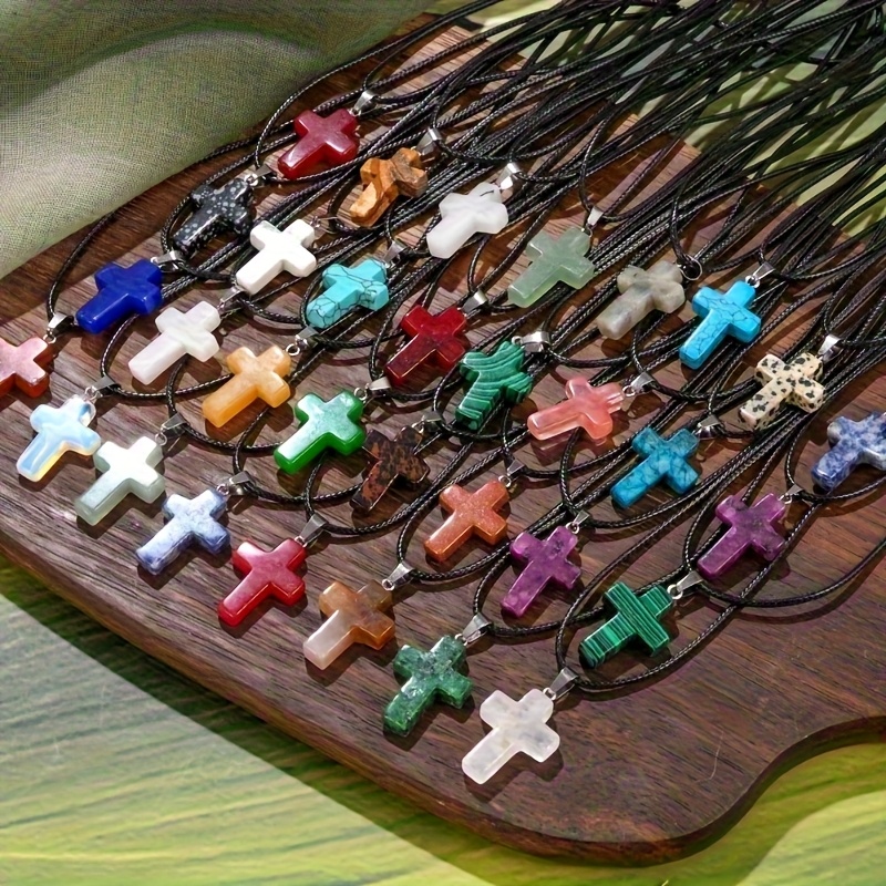 20pcs natural stone cross pendant necklace set chakra gemstone quartz cross necklace decoration with black leather cord jewelry making suitable for necklace jewelry making Product details 5