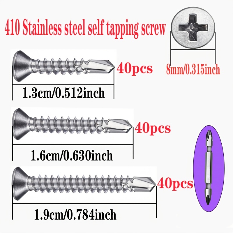 Image of 120pcs Self-tapping Screws, Countersunk Cross Drive - Assorted Sizes (13mm/16mm/19mm) 40 Each, Suitable For Furniture Repair, Metal & Diy Projects, Metal, Includes Cross Bit