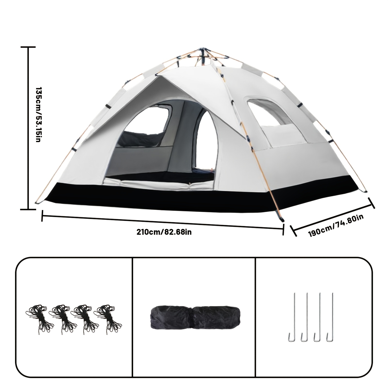TEMU Pakicetus Automatic Instant Setup Camping Tent - 1-2/3-4 Person Tent With Dual Doors & Mesh Windows, Windproof Lightweight Grey/golden Tent For