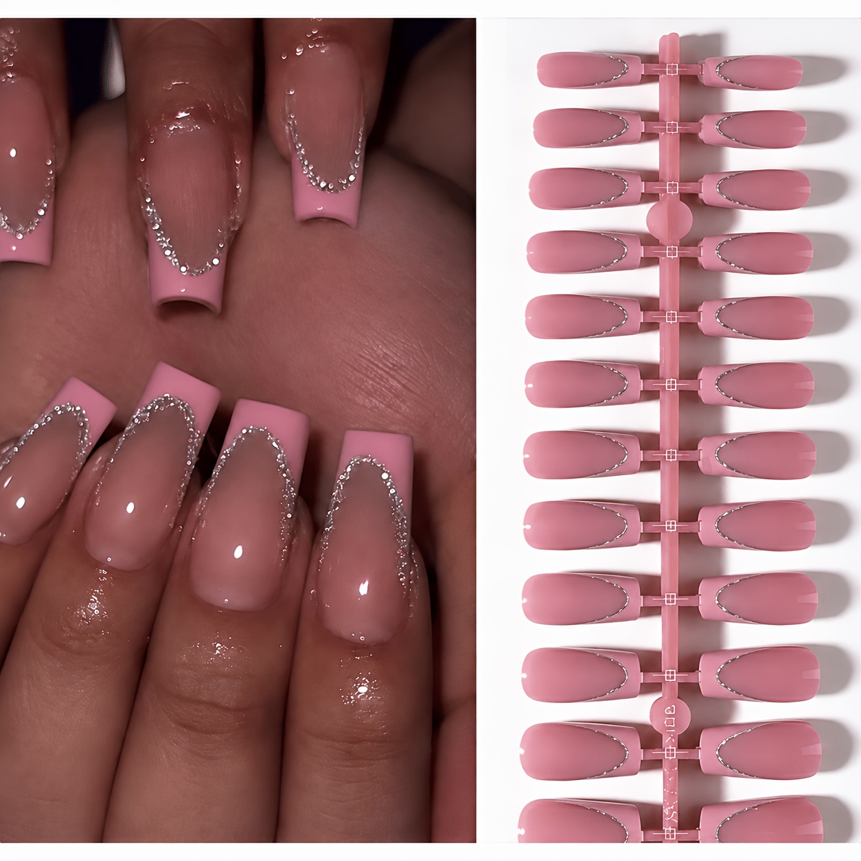 TEMU 120pcs/5pcs Long Square White, Black, Pink, Red French Nail Tips With Glitter Design, , French Nail Sheets, Suitable For Occasions, Reusable