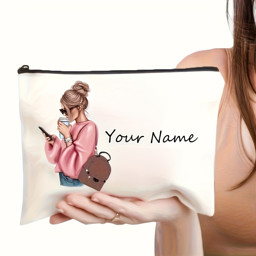 TEMU A Customized Name Makeup Bag - Beige Zippered Storage Pouch, Lightweight And Spacious Travel Toiletry Bag, Unisex, Machine Washable For Daily