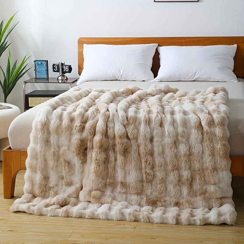 

1pc Luxury Faux Rabbit Fur Gradient Printed Bubble Fleece Blanket, Soft Plush Air Conditioning Throw Blanket, Cozy Bedding Accessory