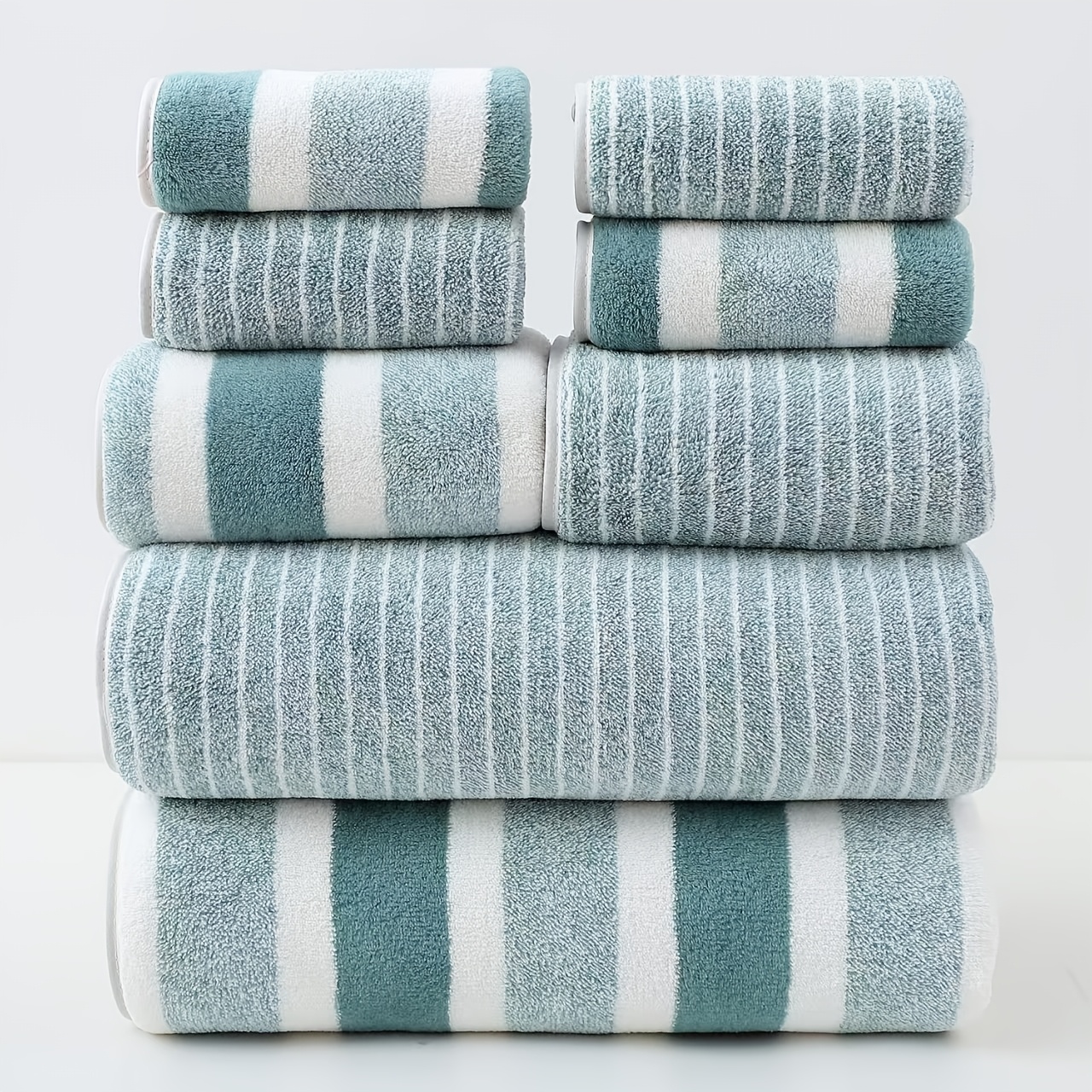 TEMU Parure de serviettes 8 pièces à rayures , comprenant 2 serviettes de bain (27,56x55,12 pouces), 2 serviettes (13,78x29,53 pouces) et 4 gants de