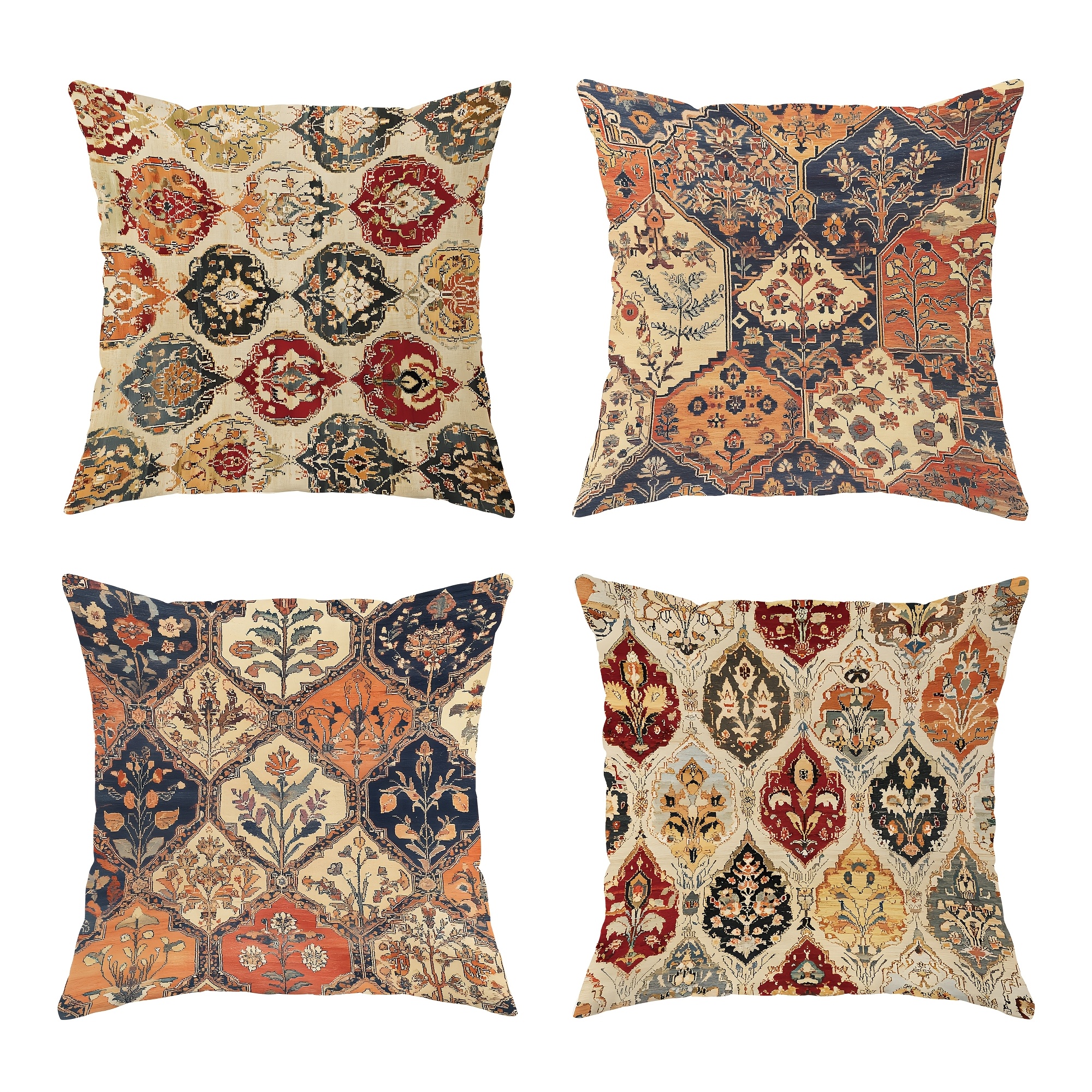 

4pcs Persian Pattern Velvet Throw Pillow Covers Bohemian Vintage Beige Red Orange Decorative Pillowcases One-sided Printing For Living Room Bedroom Sofa Bed Decor Without Pillow Inserts