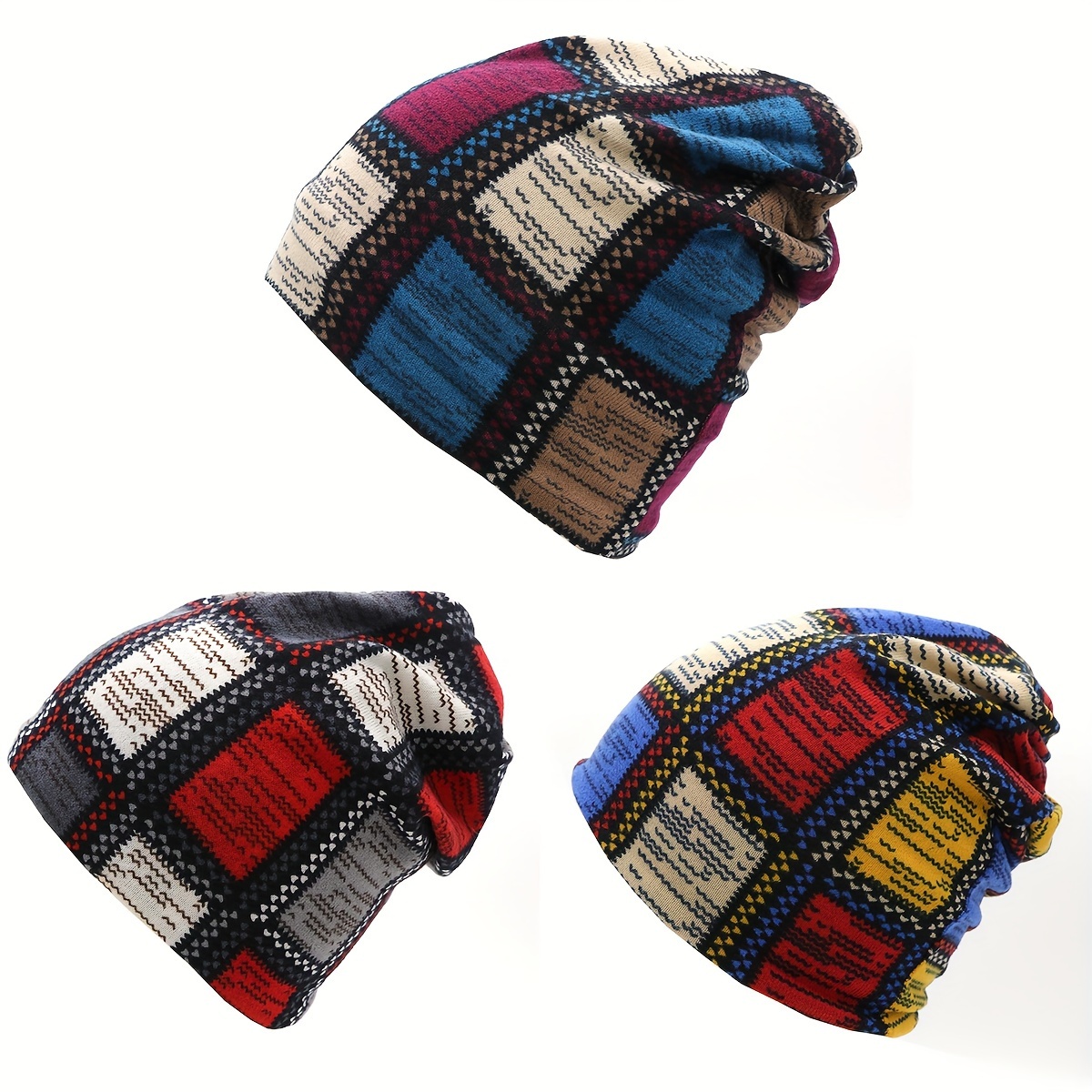 

Checkered Retro Beanie Hat, Windproof Stacking Hat For Men And Women - All Season Boho Style