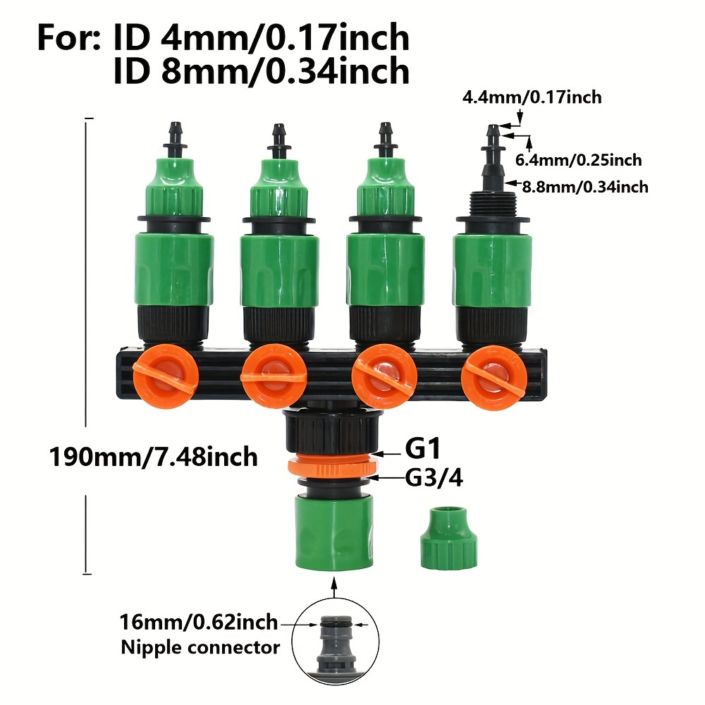 A 1/4 Inch, 1/2 Inch, Hose Splitter For Garden Faucets, Compatible With G3/4 And G1 Female Fittings, Suitable For 4/7 Mm And 16 Mm Drip Irrigation Hoses, Featuring Adjustable Switch Connectors
