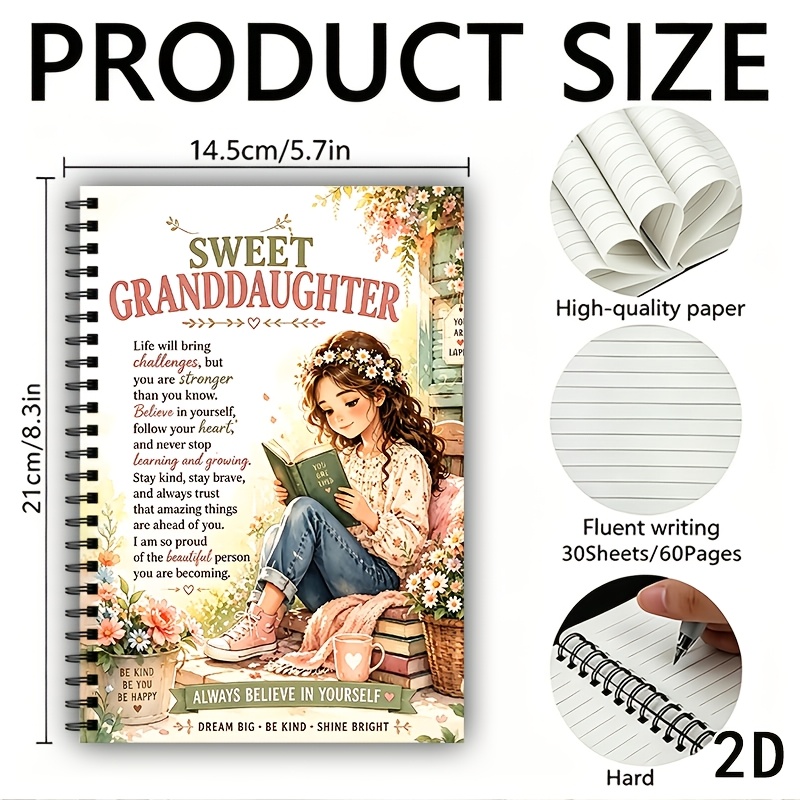 TEMU 1 Spiral Notebook For Granddaughter-elegant Journal Suitable For Office, Study, Or Family Memories; Features High-quality Paper; A Perfect Gift