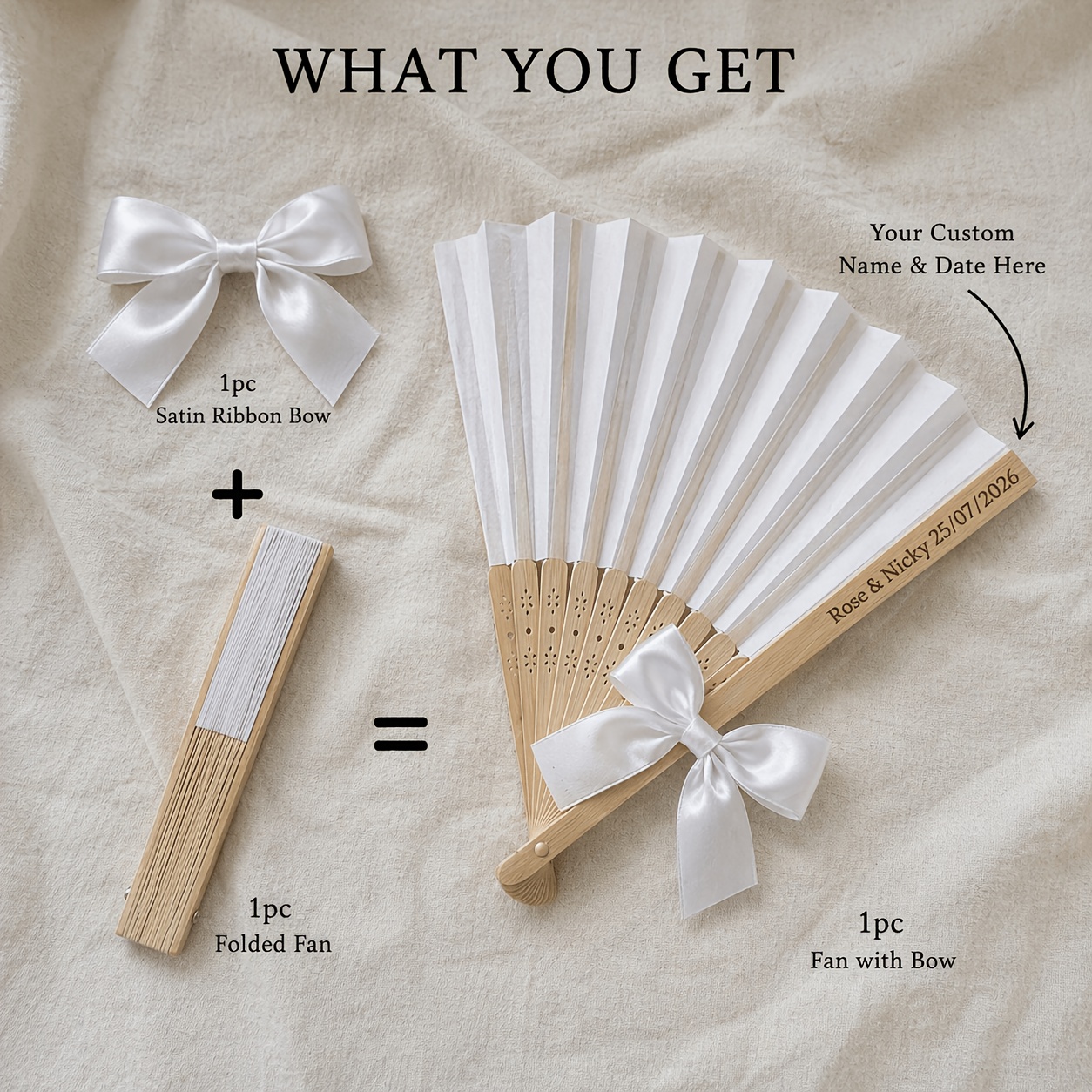 TEMU 1/12/25pcs Personalized Wedding Hand Fans For Guests, Custom Folding Paper Fans With Wooden Handle, Name Date Printed Outdoor Ceremony Fans,