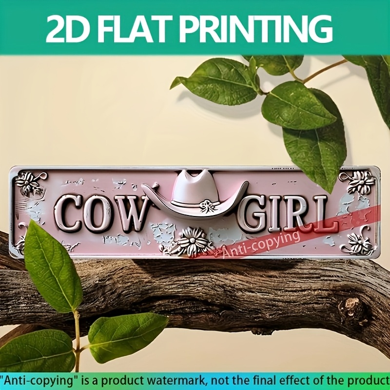 

1pc Cow Girl 2d Aluminum Sign (15.7"x3.9") - Rustic Western Wall Decor With Distressed , Home, Garden, Or Fun Decoration, Bohemian Style, Watermarked Anti-copying Design, Cow Decor