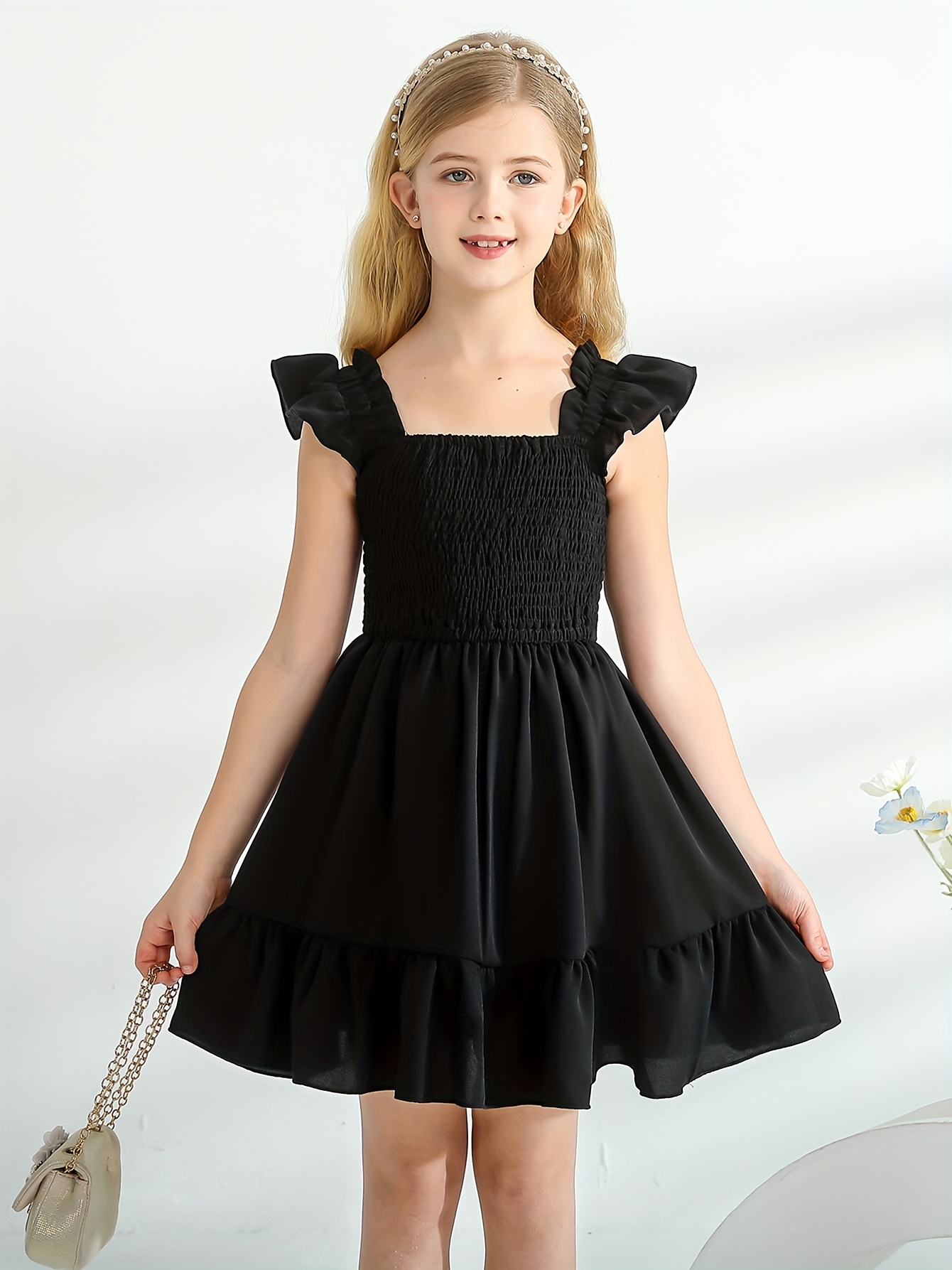 girls summer dress ruffle sleeves square neck smocked waist - Temu