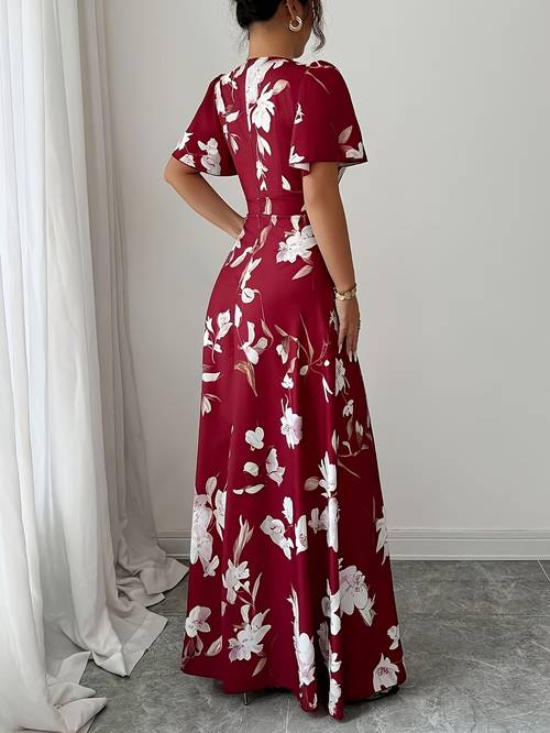 spring summer round neck floral print ruffle short sleeve elegant dress