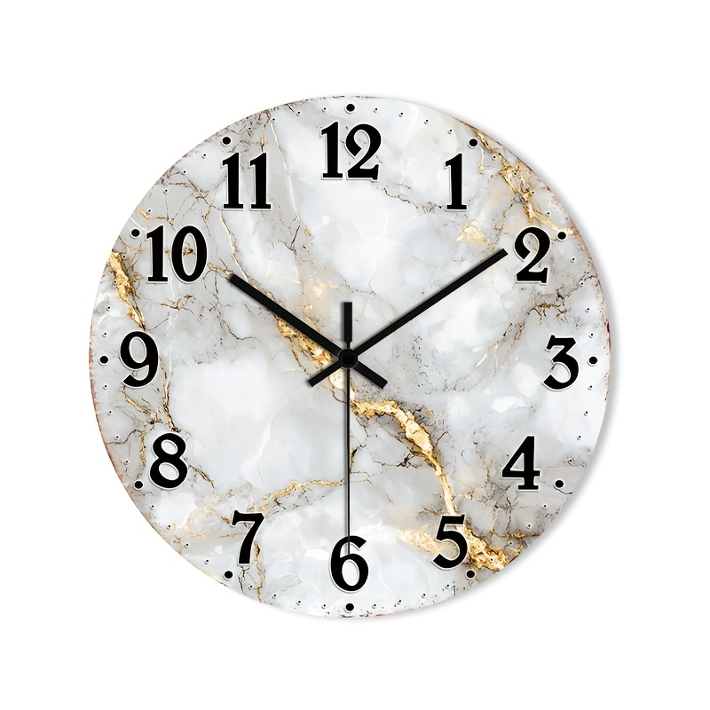TEMU 1pc 2d Flat Wall Clock Non-ticking Wooden, Decorative Circular Clock Hd Glossy Lamination Finish Elegant Marble Clock Face With Golden Veining