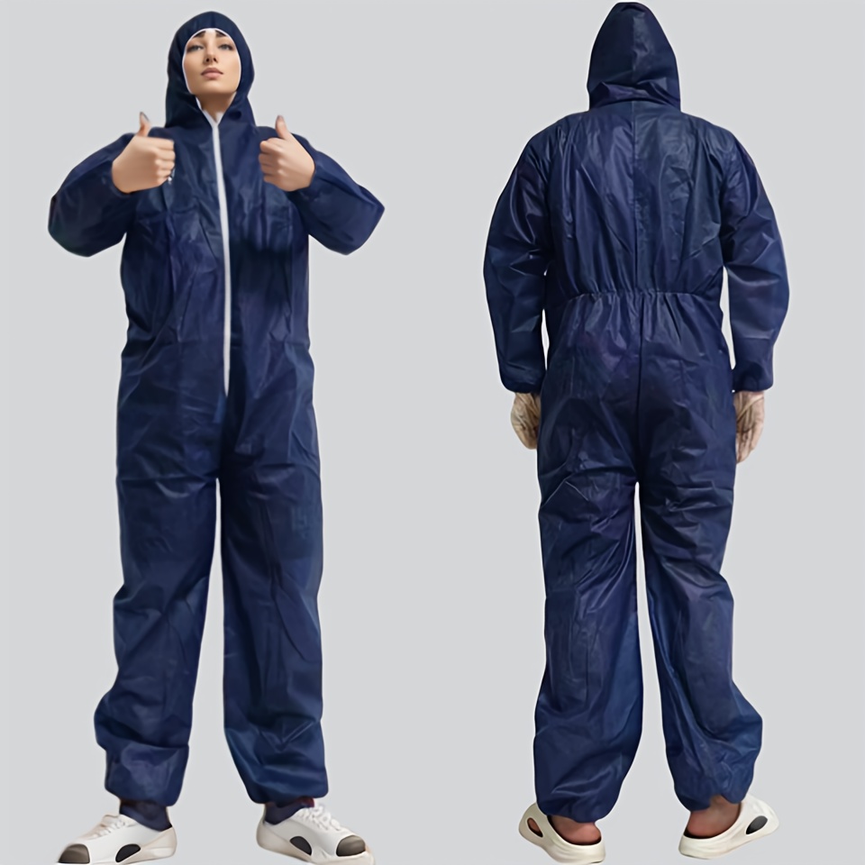 

1pc Dark Blue Disposable Protective Coverall With Hood And Elastic Cuffs, 35g Pp Material For Painting & Cleaning Work