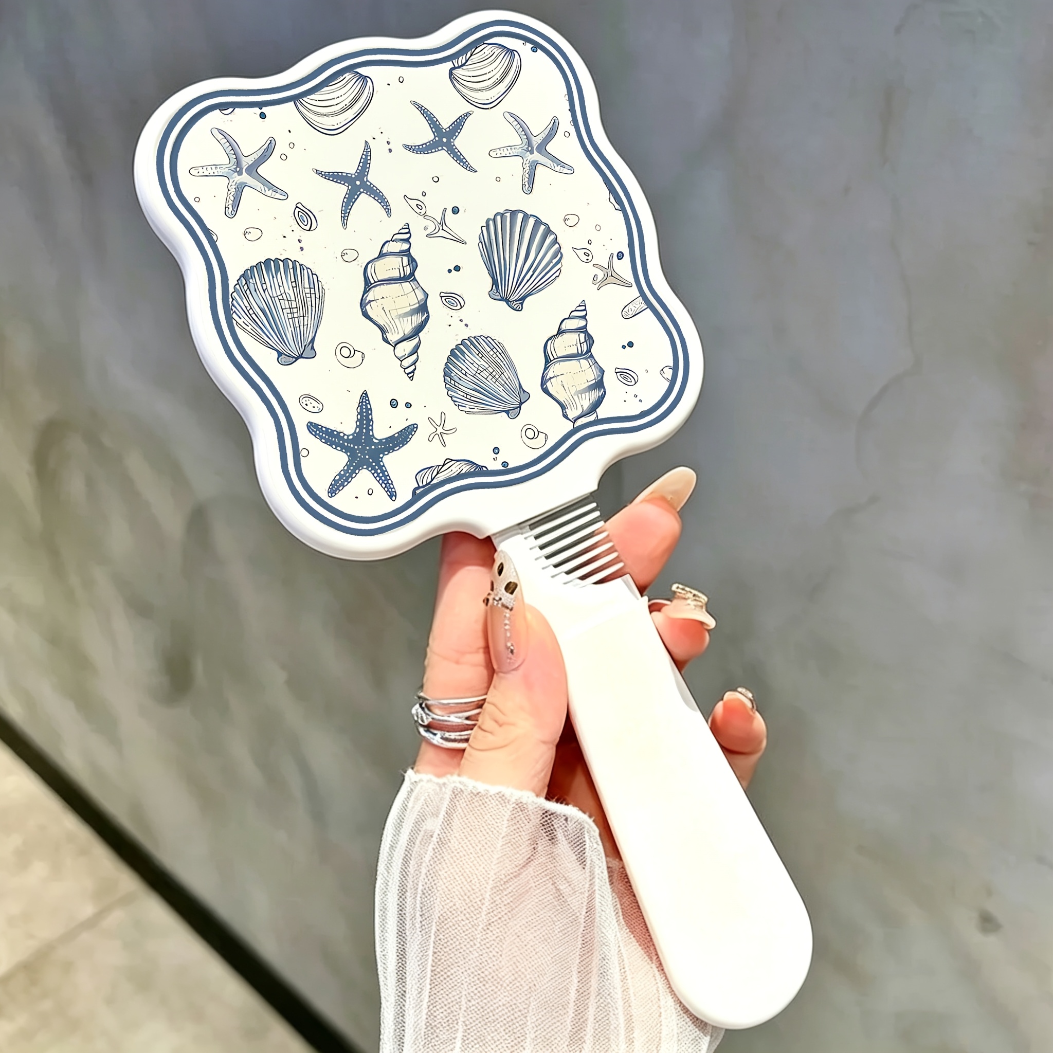 TEMU Vintage Blue Seashell Starfish Cloud Handheld Makeup Mirror, Wavy Irregular Frame Portable Hand Mirror With Long Handle, Aesthetic Cosmetic