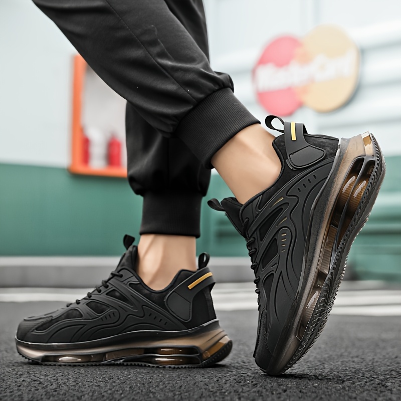 Men's Breathable High-Elasticity Shock-Absorbing Casual Sneakers - Lightweight Low-Top Outdoor Running Shoes with Cushioned EVA Sole, Durable PU Upper & Fabric Lining for Hiking, Daily Wear (Black/Golden Accents)