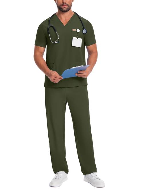 mens short sleeve elastic workwear lab coat pet grooming shop pocket badge work clothes breathable stretch top and drawstring waist pants set