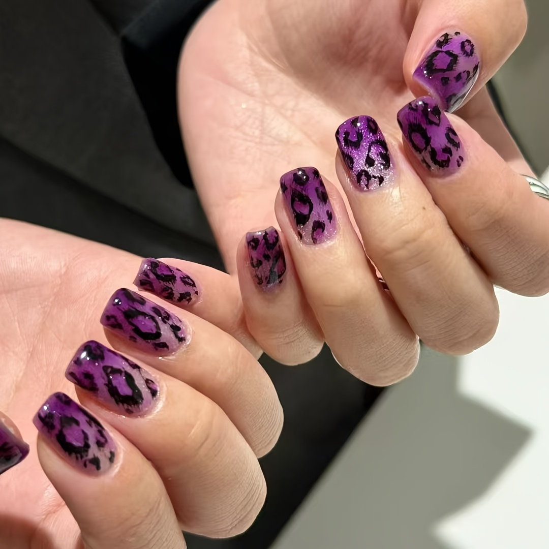 

Wearable Square Purple Neon Leopard Print Cat Eye Nail Art Set, 24pcs Removable , European And