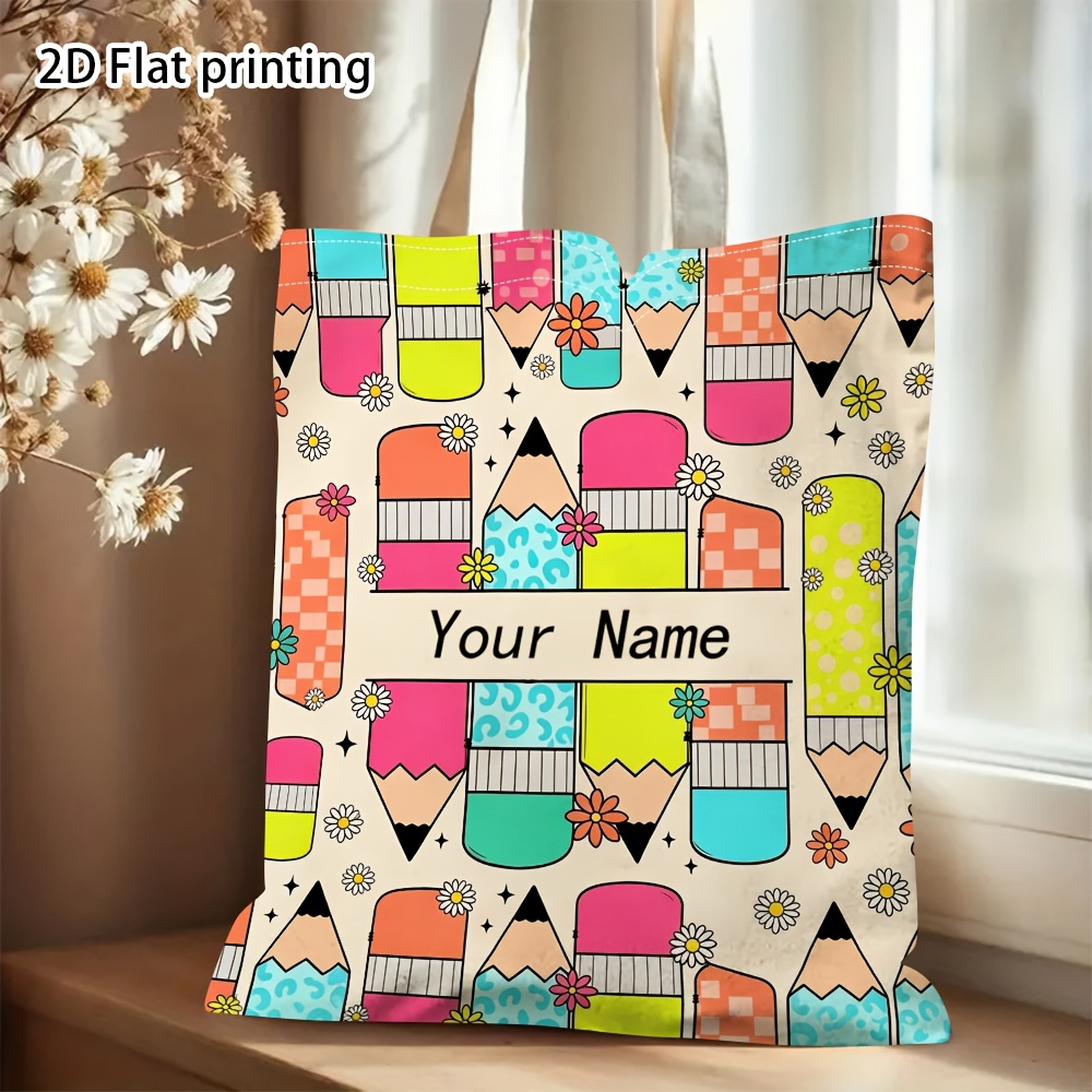 TEMU 2d Flat, Customizable, 1pc, Teacher Name Tote Bag Beige Shoulder Bag With , Lightweight Foldable, Perfect For Travel Or Teacher Appreciation